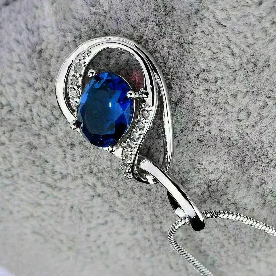 Oval Cut Lab Created Blue Sapphire Fancy Pendant Necklace 14K White Gold Plated