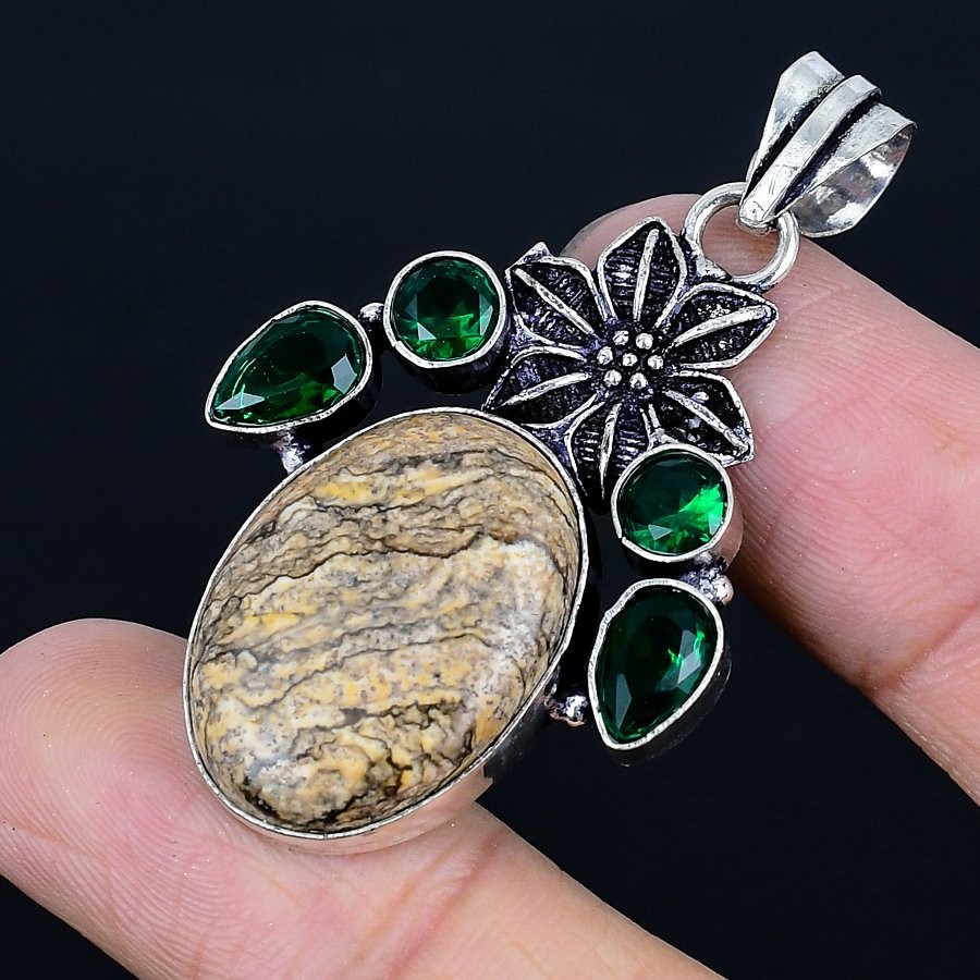 Enthralling Picture Jasper, Diopside 925 Sterling Silver Jewelry Pendant 2″