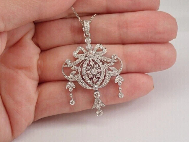 2.10Ct Lab Created Diamond Drop Antique Pendant Chain 14K White Gold Plated