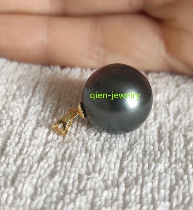 Huge AAAA16mm Perfect Round black south sea Shell Pearl Pendant 14k gold