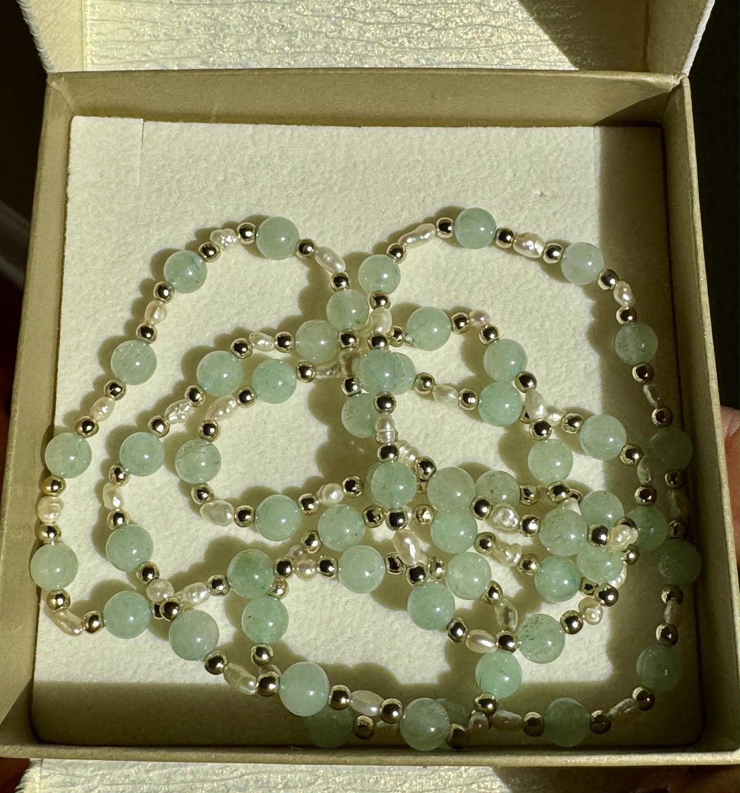 Vintage solid 10K Jade and Pearl 30” Infinity Necklace
