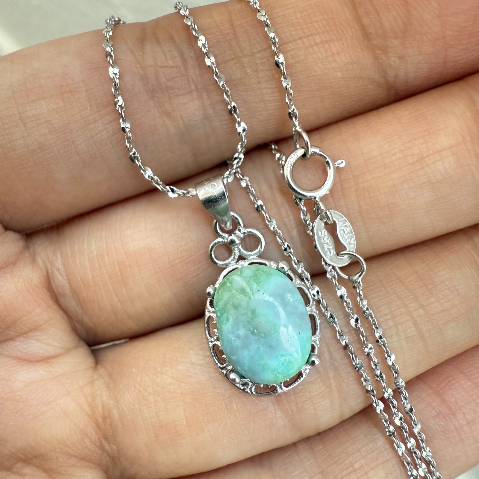 925 Sterling Silver Necklace 10x7mm Natural Blue Turquoise Flower Handmade Chain