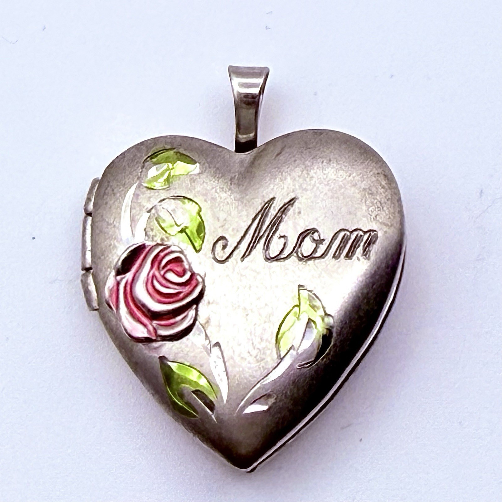Sterling Silver Heart LOCKET Pink Enamel Rose “Mom” Inscription Mothers Day Gift
