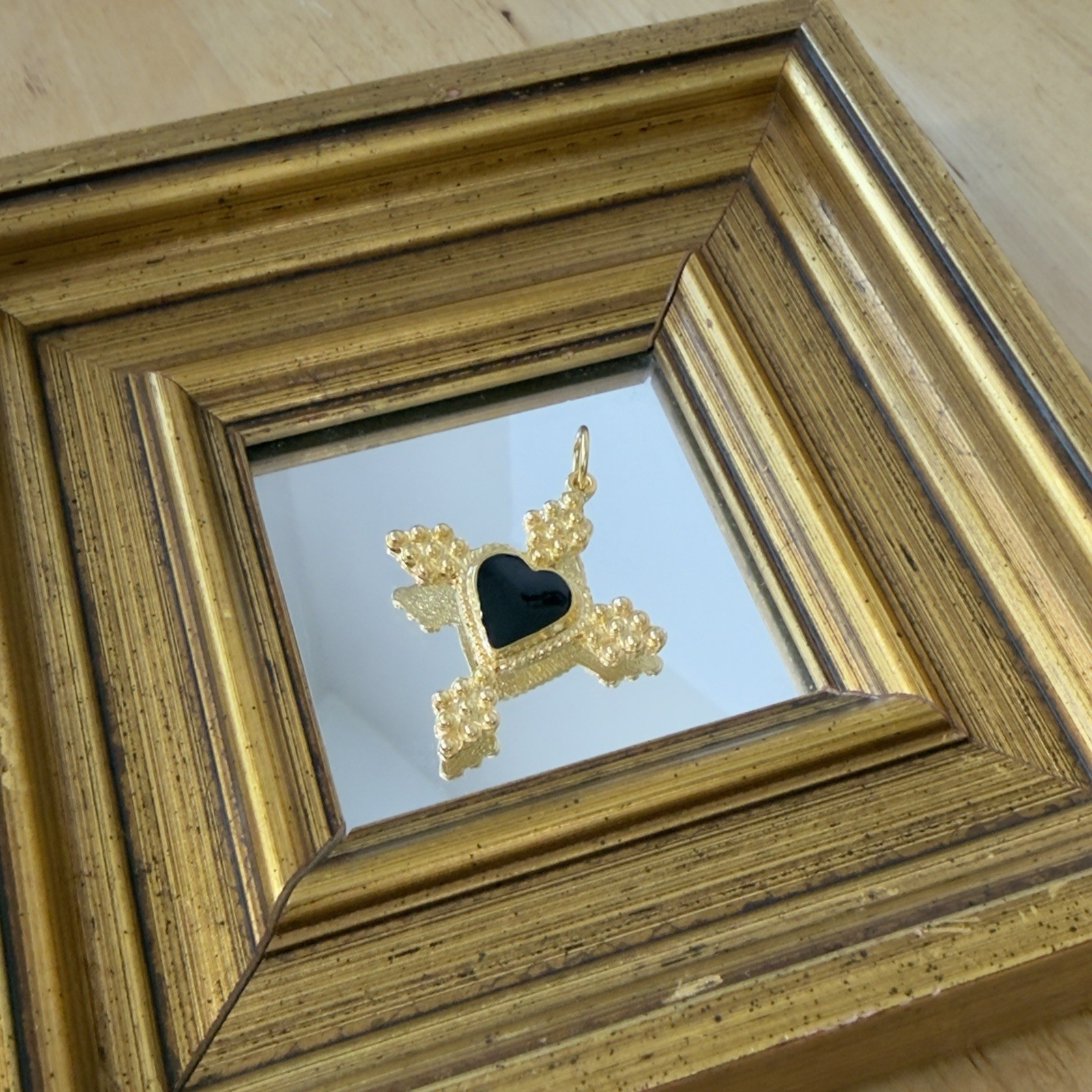 Gold-tone Sacred Heart Cross Pendant, Milagro / Ex-voto La Croix Charm with Onyx