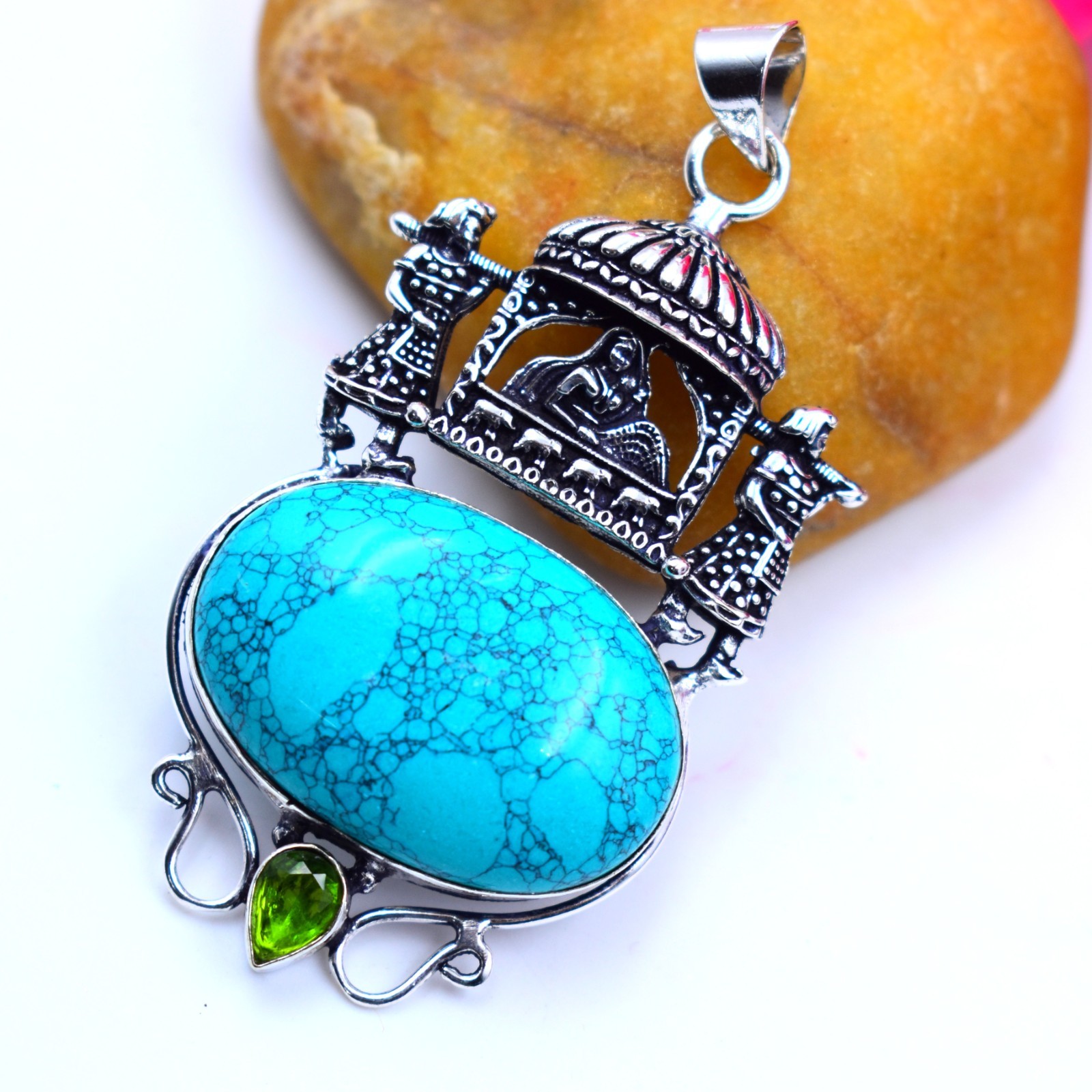 Blue Turquoise Gemstone Handmade 925 Sterling Silver Jewelry Pendant Size-2.25″