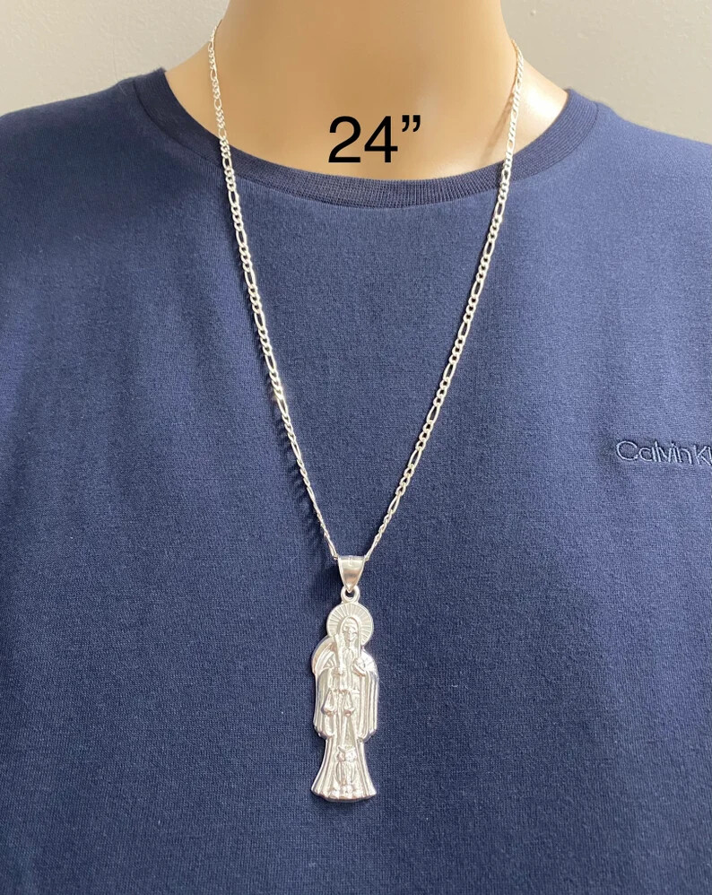 925 Sterling Silver Grim Reaper Santa Muerte Pendant / Figaro Necklace- ESP35