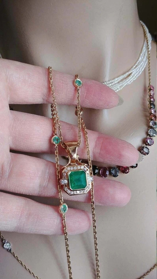 14K Yellow Gold Finish 18″ Chain 2.70Ct Asscher Cut Emerald Diamond Halo Pendant