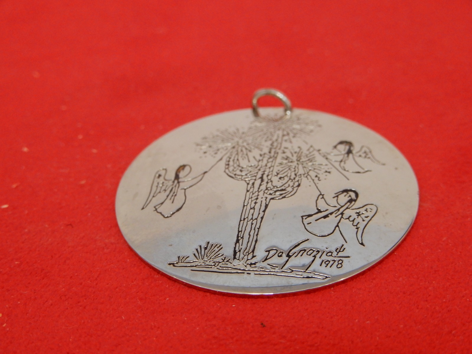 Jewelry -Silver Disc. Pendant Etched &Stamped DeGrazia 1978 – Angels & Cactus