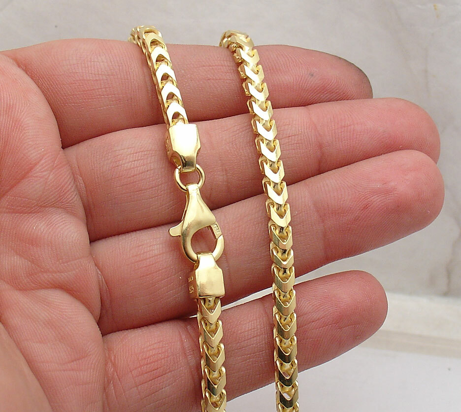 4mm Italian Mens Franco Chain Necklace Solid 14K Yellow Gold Plated 925 Silver