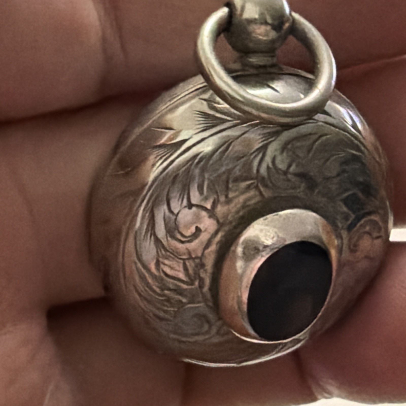 Vintage Albo Silver Locket/pendant With Black Oynx Stone And Engraved Detailing