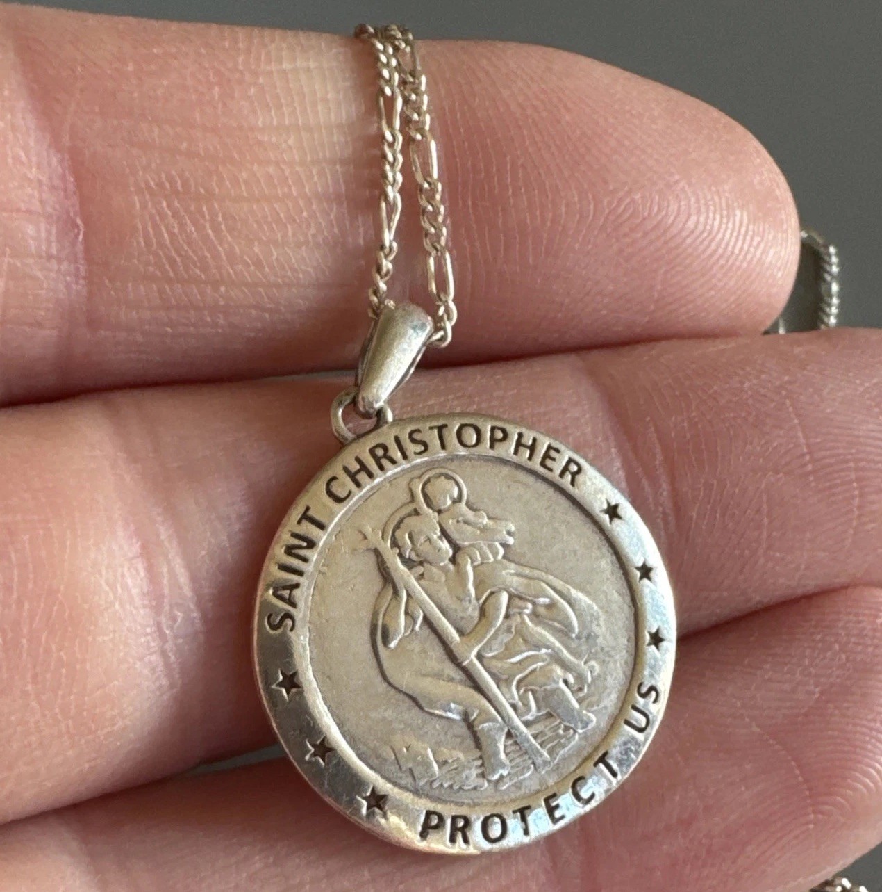 Sterling Silver 925 Saint Christopher Pendant & 20” 1.5mm Figaro Chain Necklace