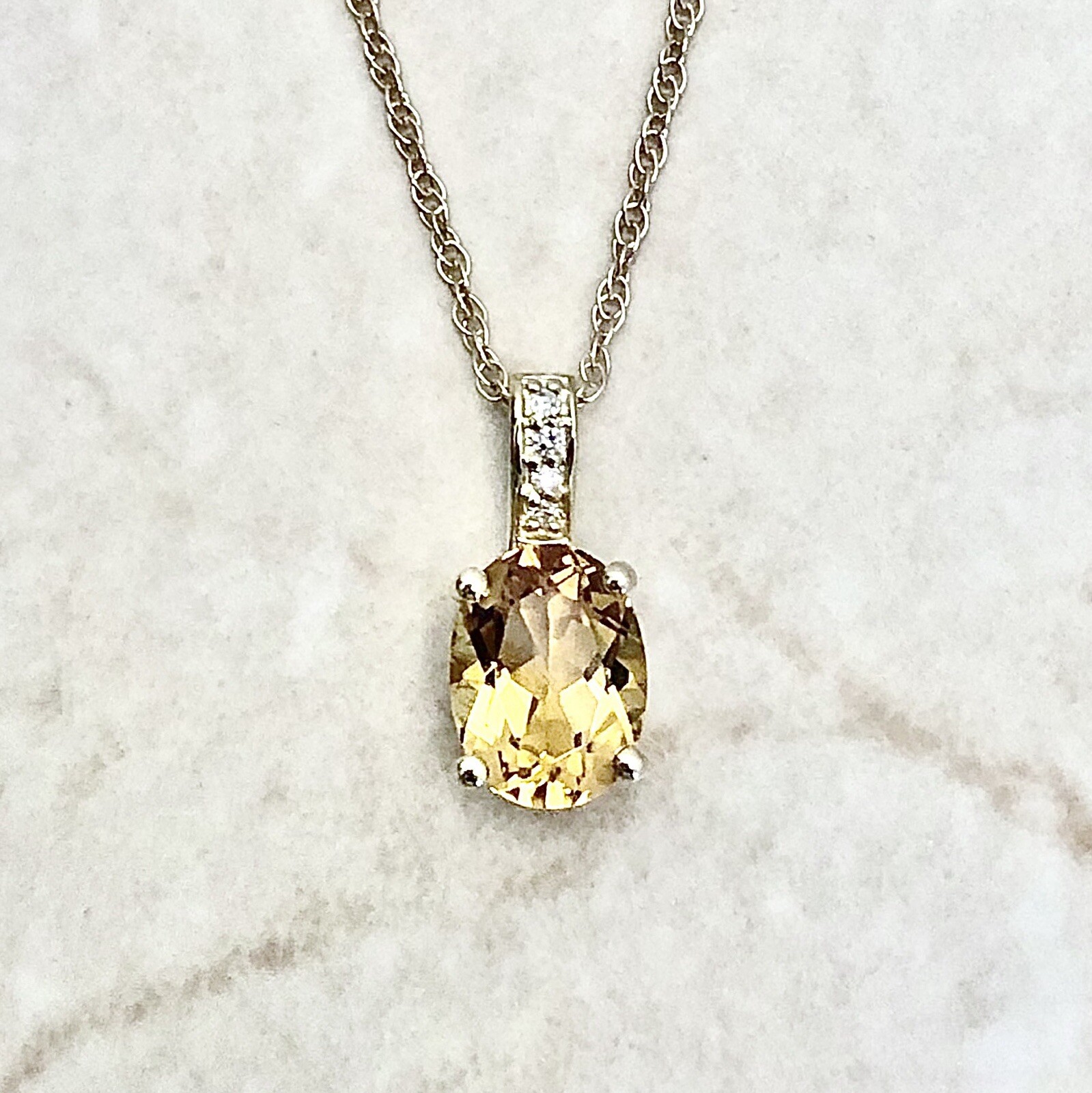14K Diamond & Citrine Pendant Necklace – Solid 14K Yellow Gold Citrine Necklace