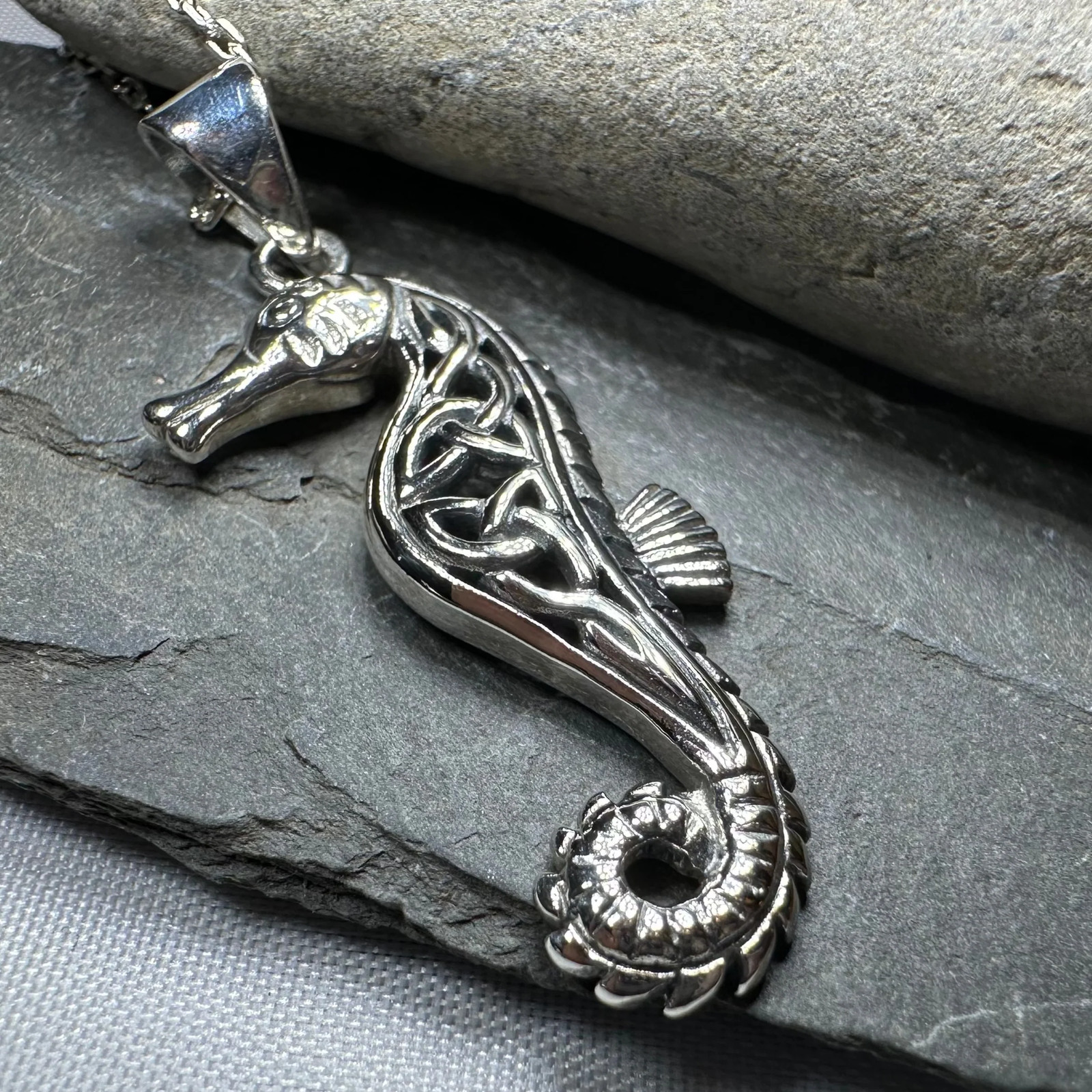 Seahorse Necklace Beach Ocean Large Celtic Ladies Pendant 925 W/FREE CHAIN