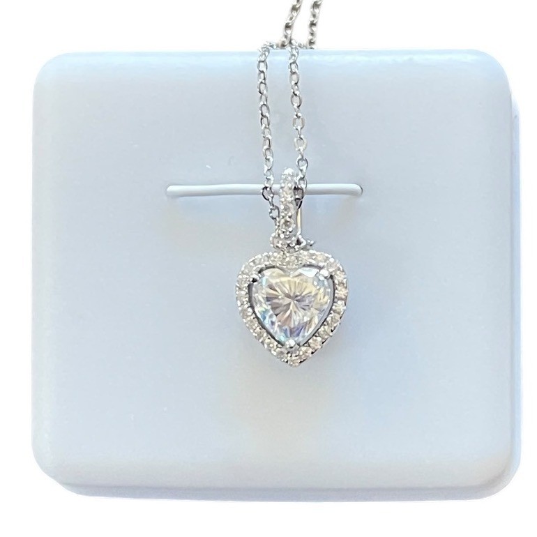 Moissanite Sterling Silver Heart .94 CTW Halo Pendant Necklace 18″ $200 GIFT