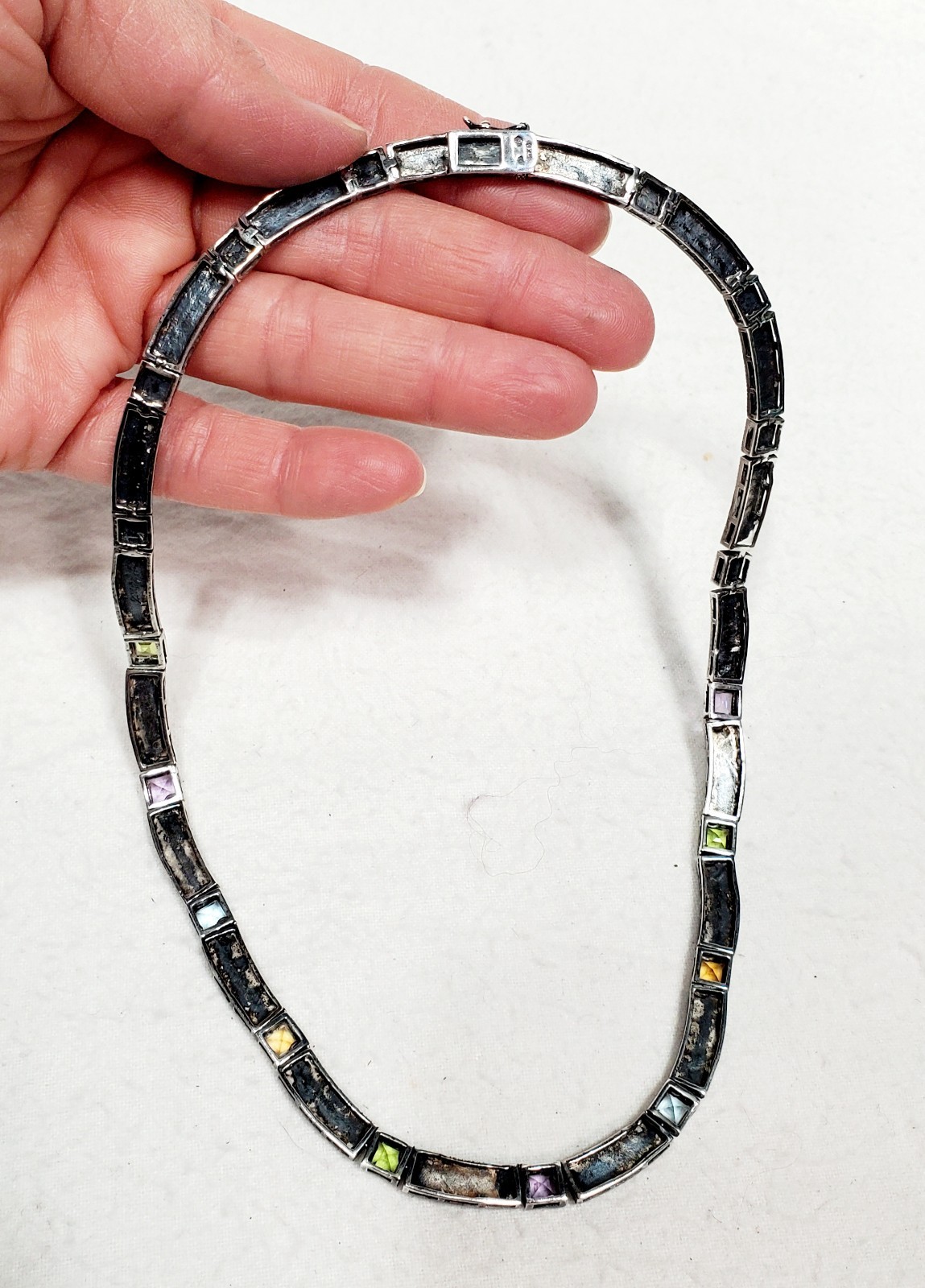 Art Deco Style Sterling Silver 925 Marcasite & Multi Gemstone Necklace Estate