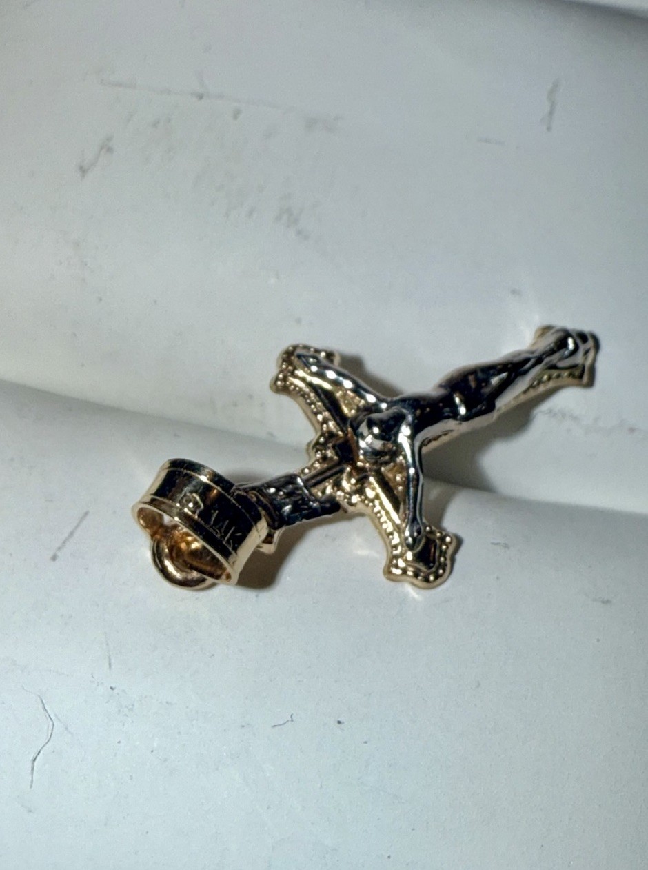 ESTATE Solid 14K Gold Two-Tone Crucifix Cross Miniature Pendant