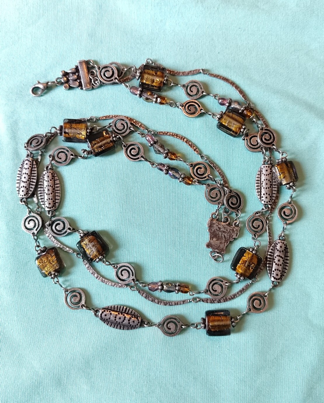 Sterling Silver 925 Multi Strand Bar Link Necklace With Amber Art Glass Boho