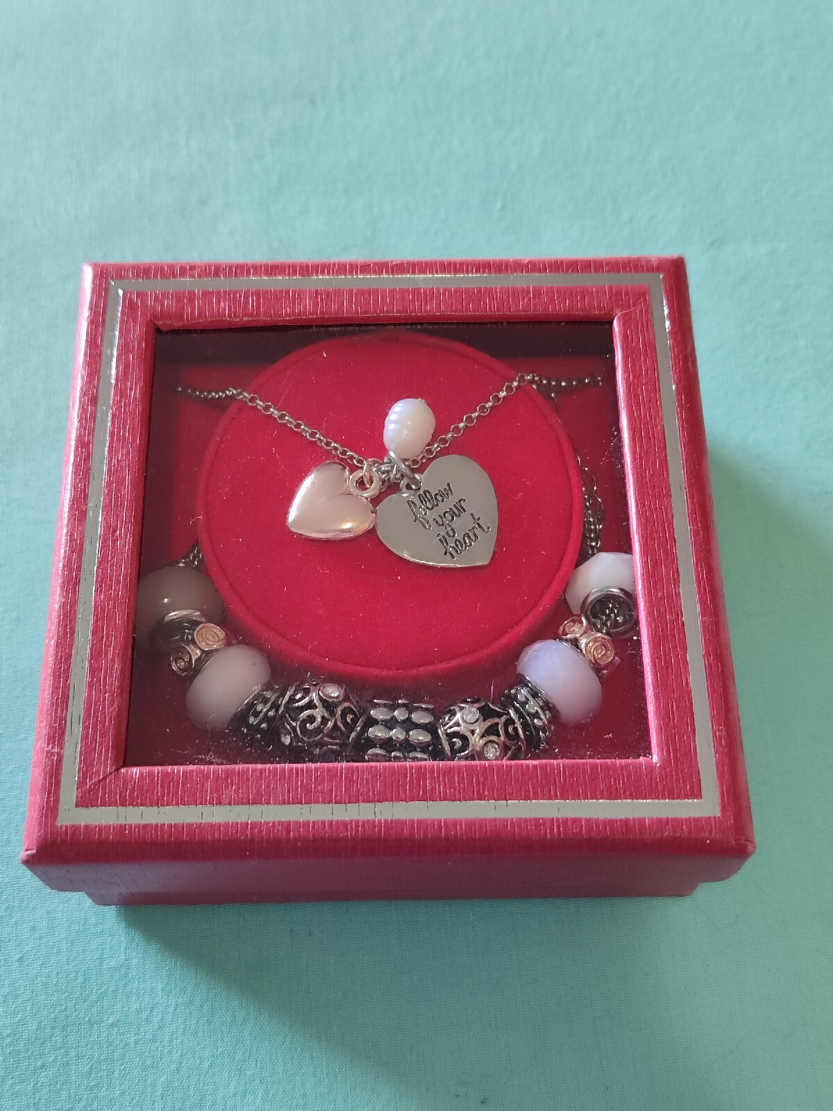 Follow Your Heart Charm Necklace And Bracelet Set In Original Package Silver Plt