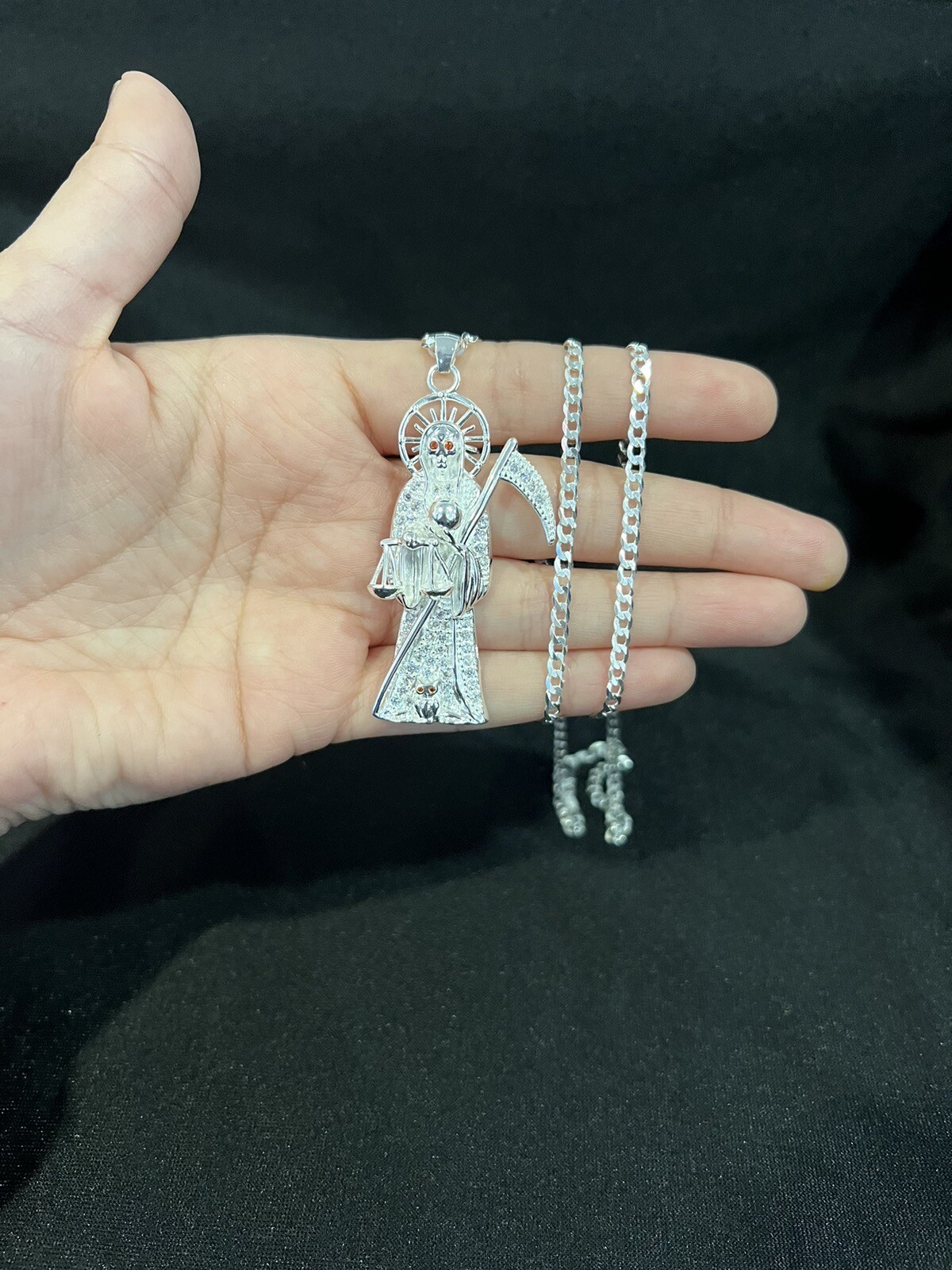 925 Sterling Silver Men CZ Santa Muerte Grim Reaper & Curb Chain 20 24 30