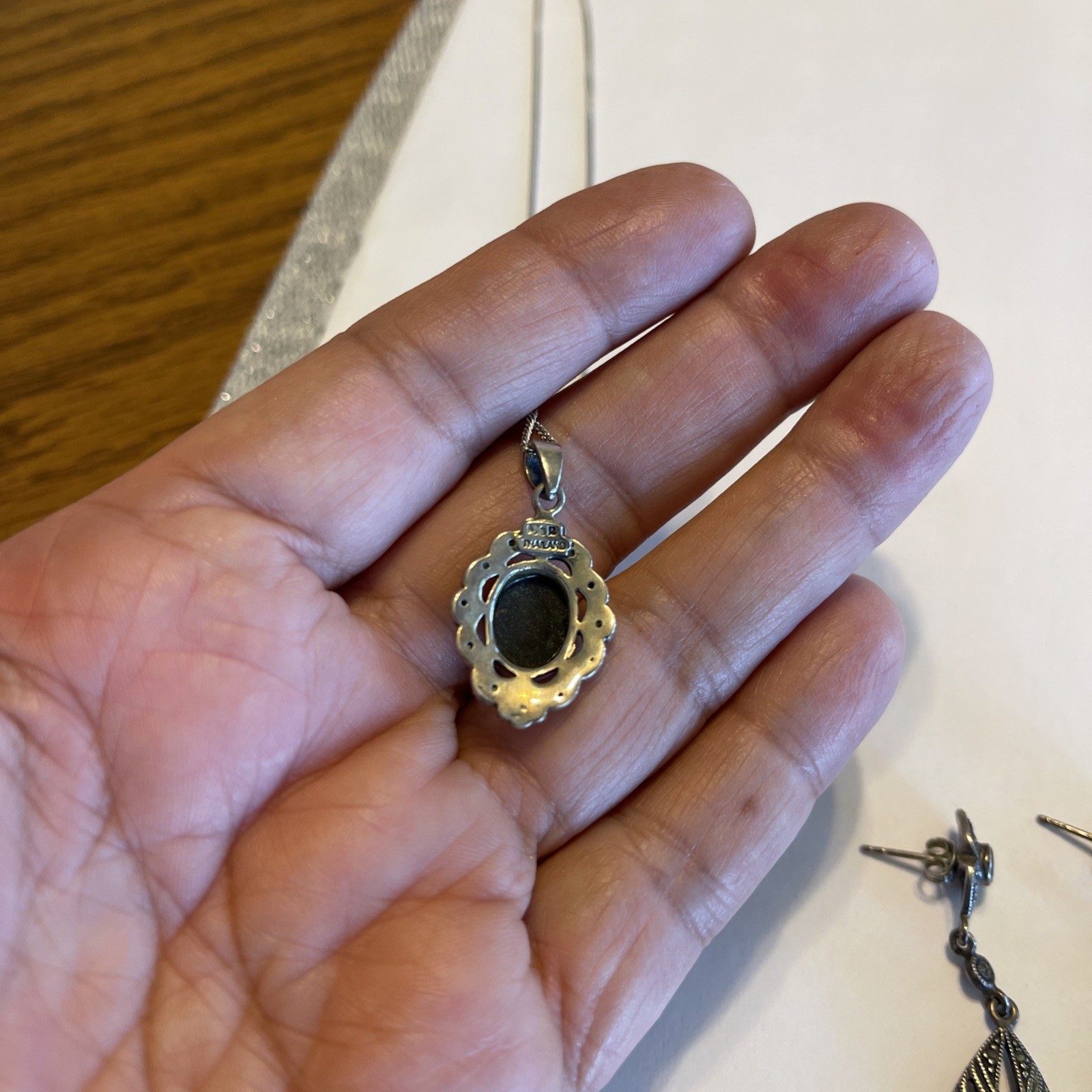 Vintage Sterling Silver Black Onyx Marcasite Filigree Pendant, Chain & Earrings