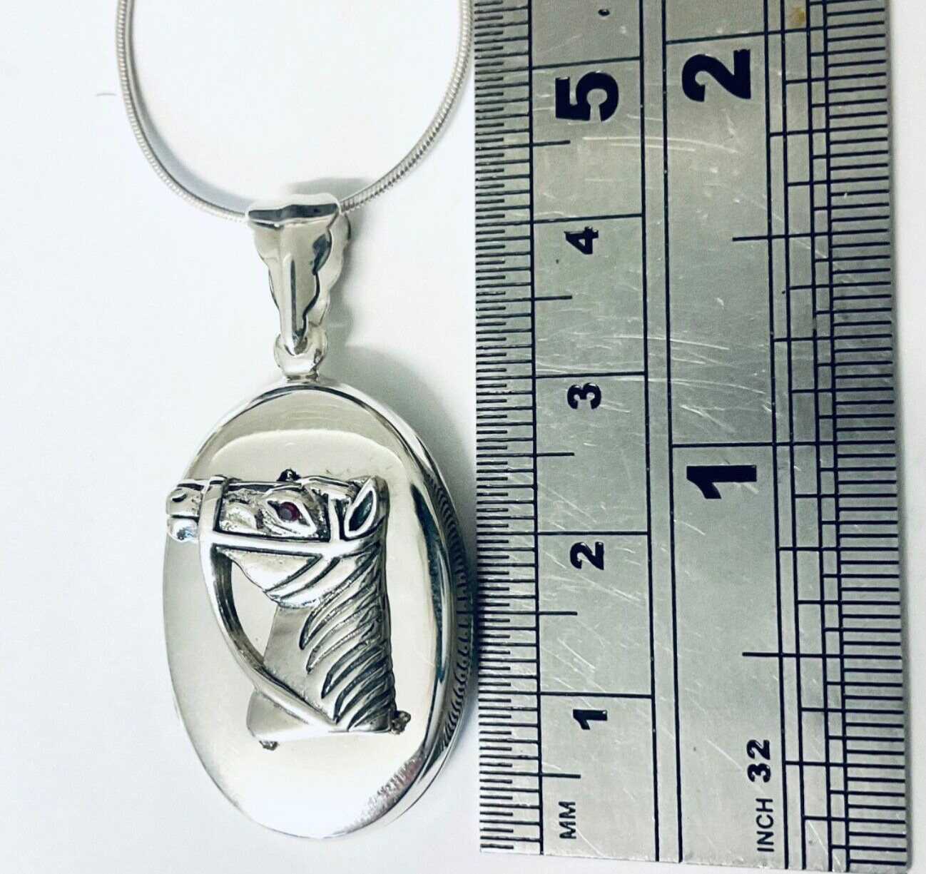 Sterling silver animal ruby horse pony memory photo oval locket & Chain Necklace