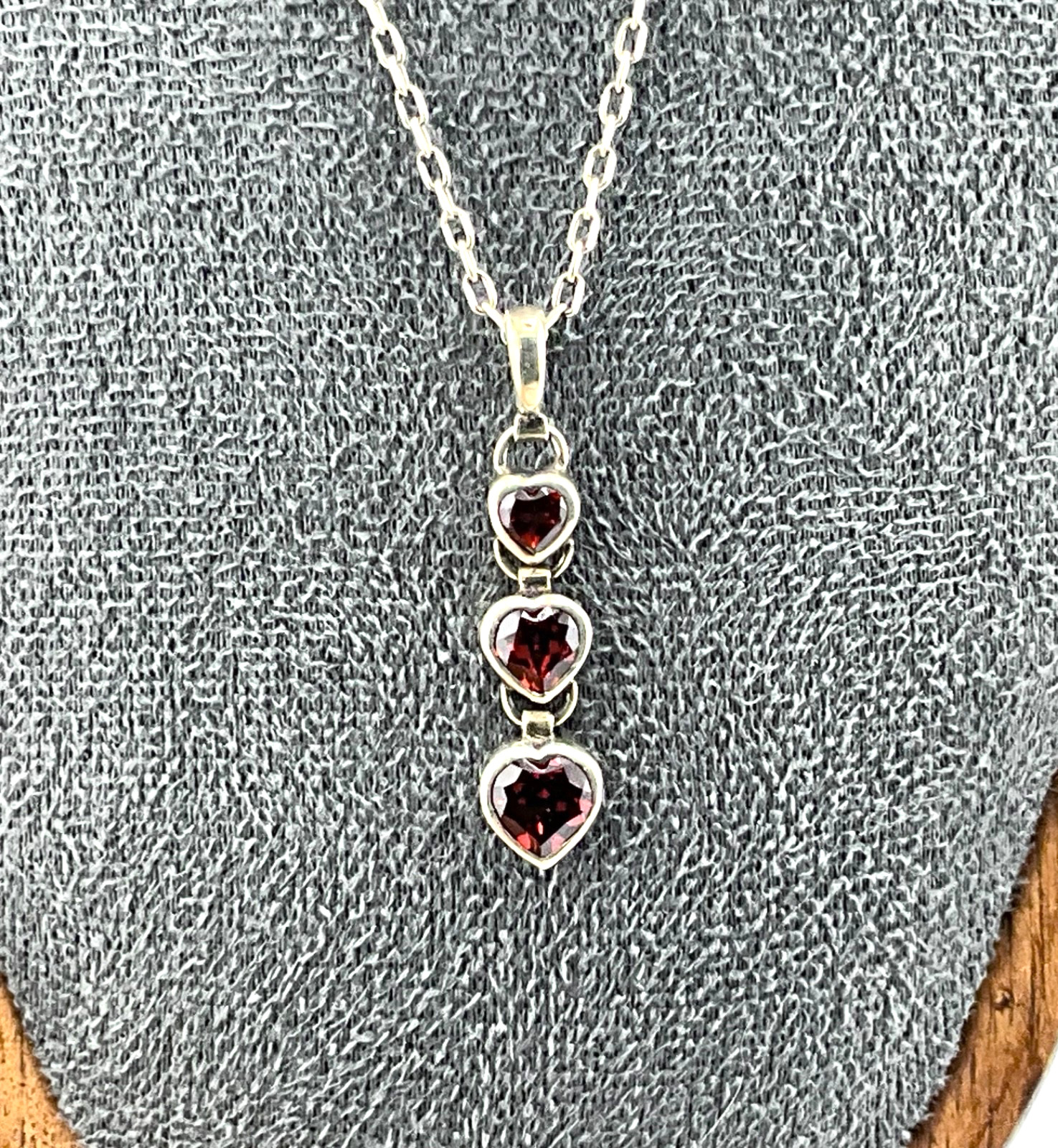 Minimalist Sterling Silver Three Heart Pendant Red Garnet with 17” Chain