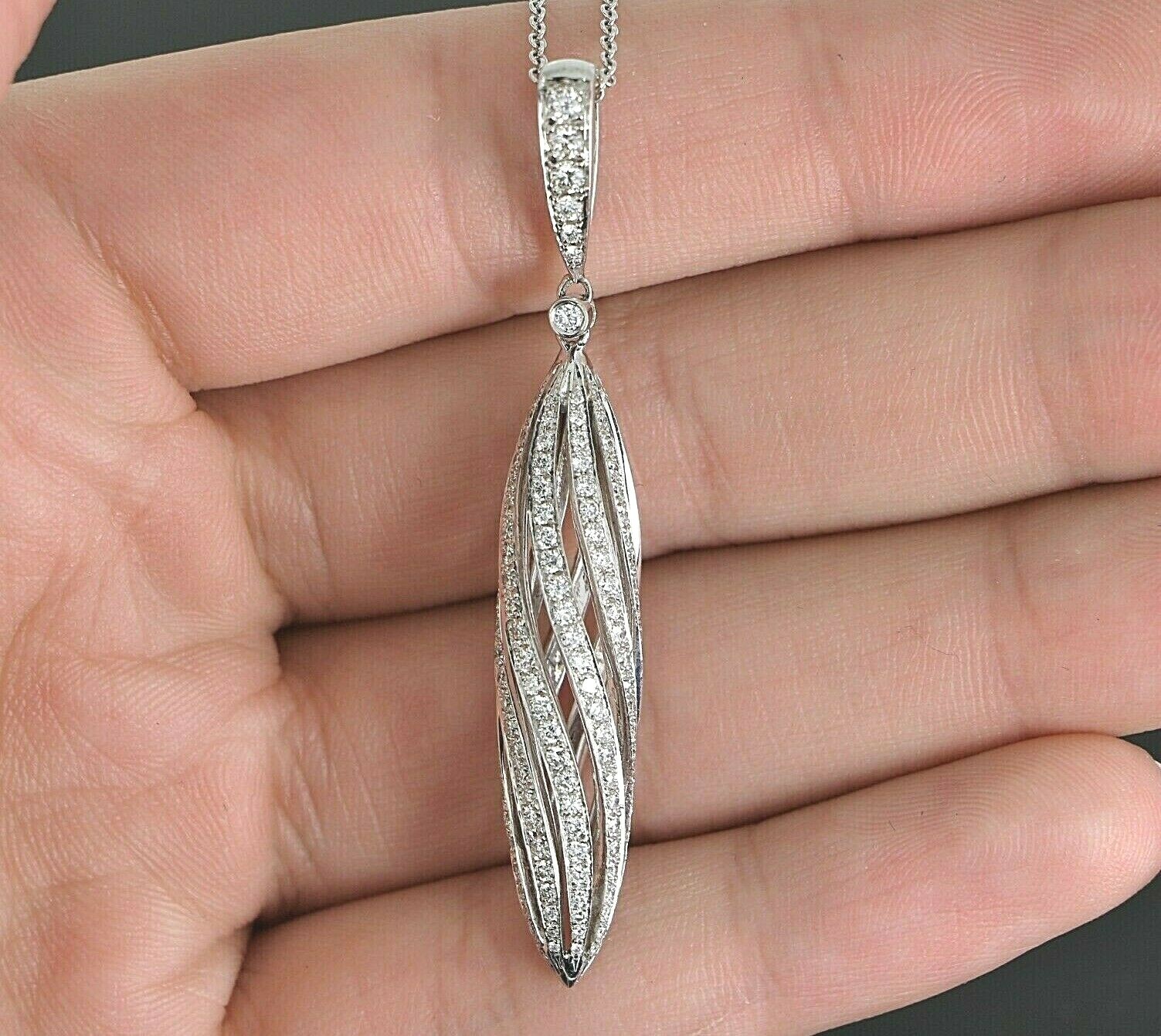 17108 KDZ 14K White Gold 1.53ct Pave Round Diamond Spiral Pendant 18” Chain