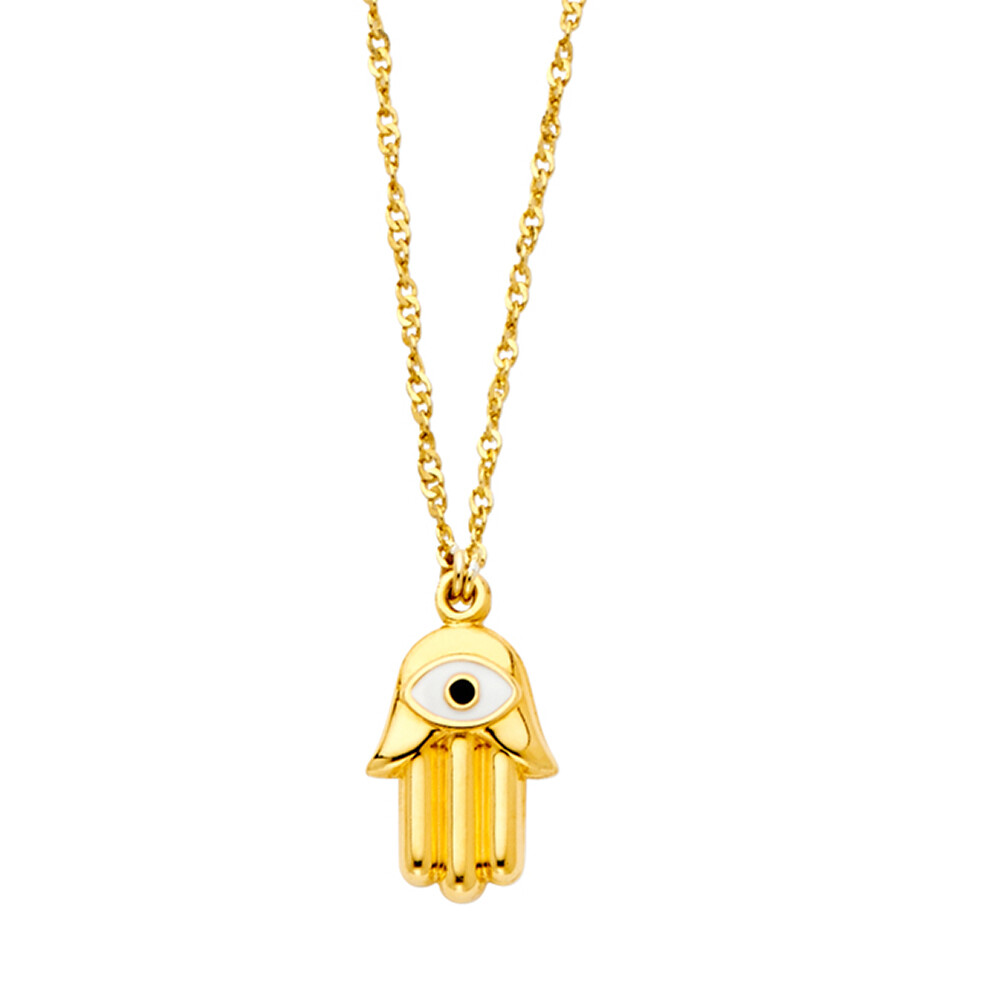 GOLD – 14K Yellow Gold Hamsa + Evil Eye Necklace – 17+1″
