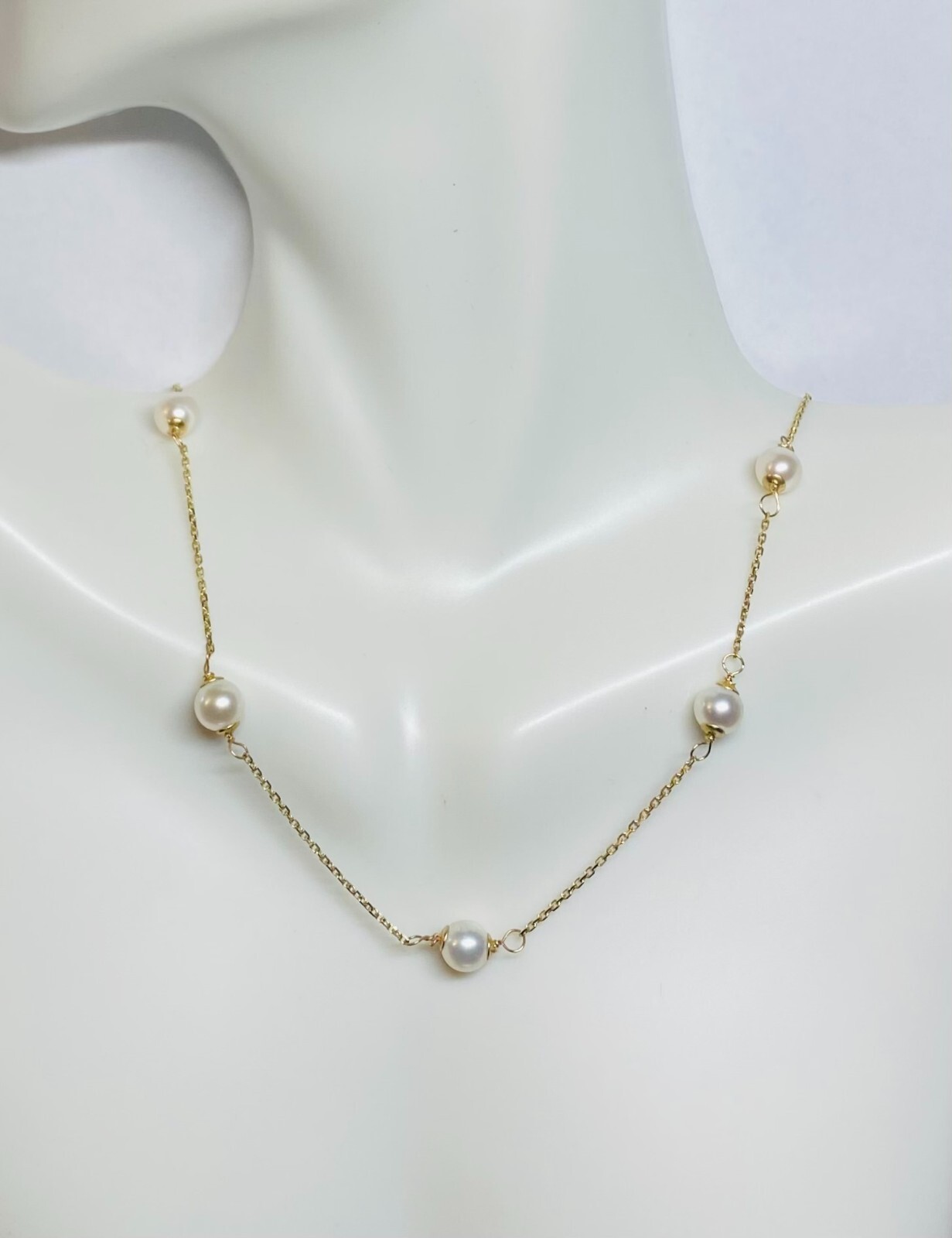 14K Ylw Gold & 5.5mm Freshwater Cultured Pearl Cable Link 16″ Station Necklace