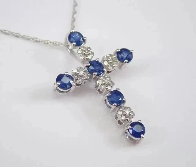 1.10Ct Round Cut Lab Created Sapphire Cross Womens Pendant 14K White Gold Plated