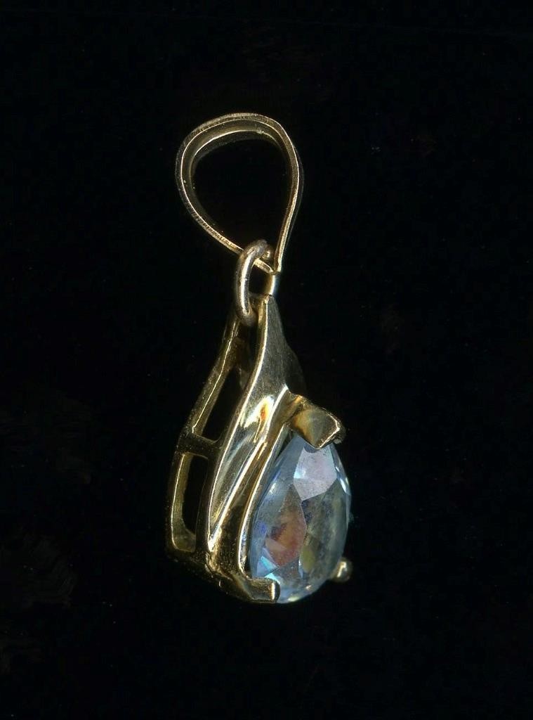 10K Fine Solid Yellow Gold 8mm Pear Blue Topaz Gemstone Solitaire Pendant *HN