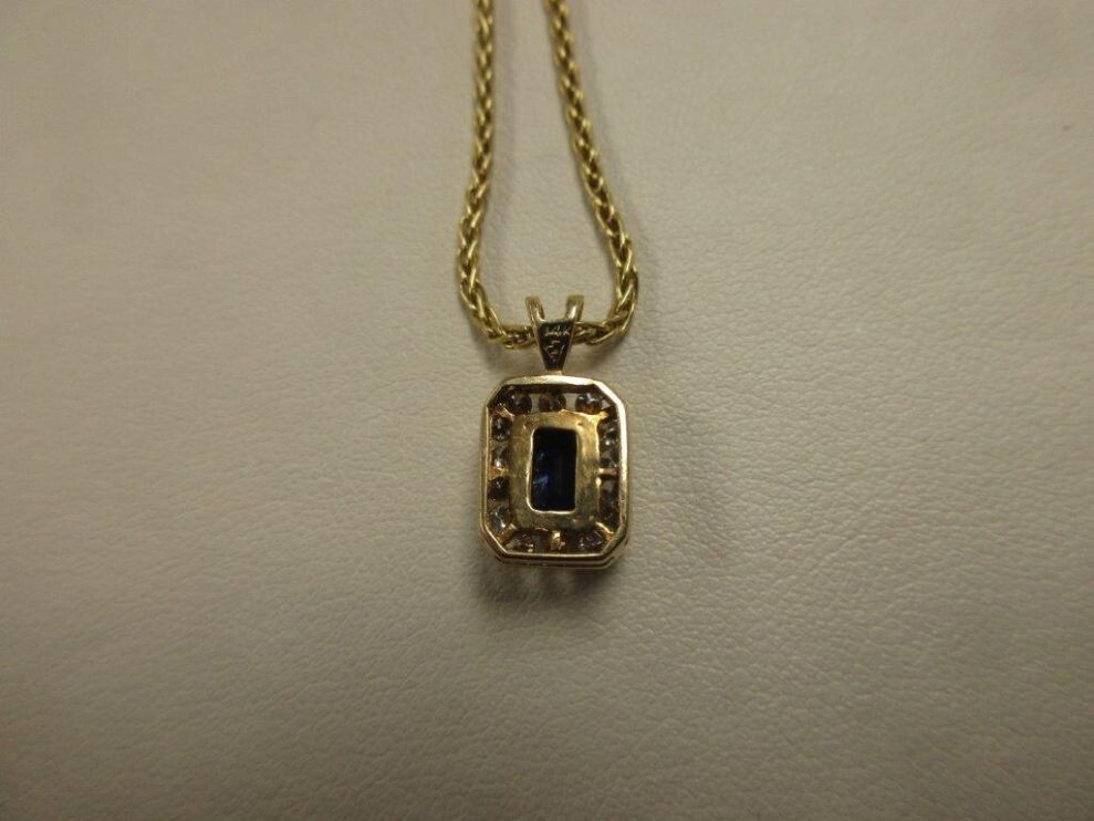 14k yellow gold sapphire and diamond pendant on 18″ 1 1/2 mm round chain