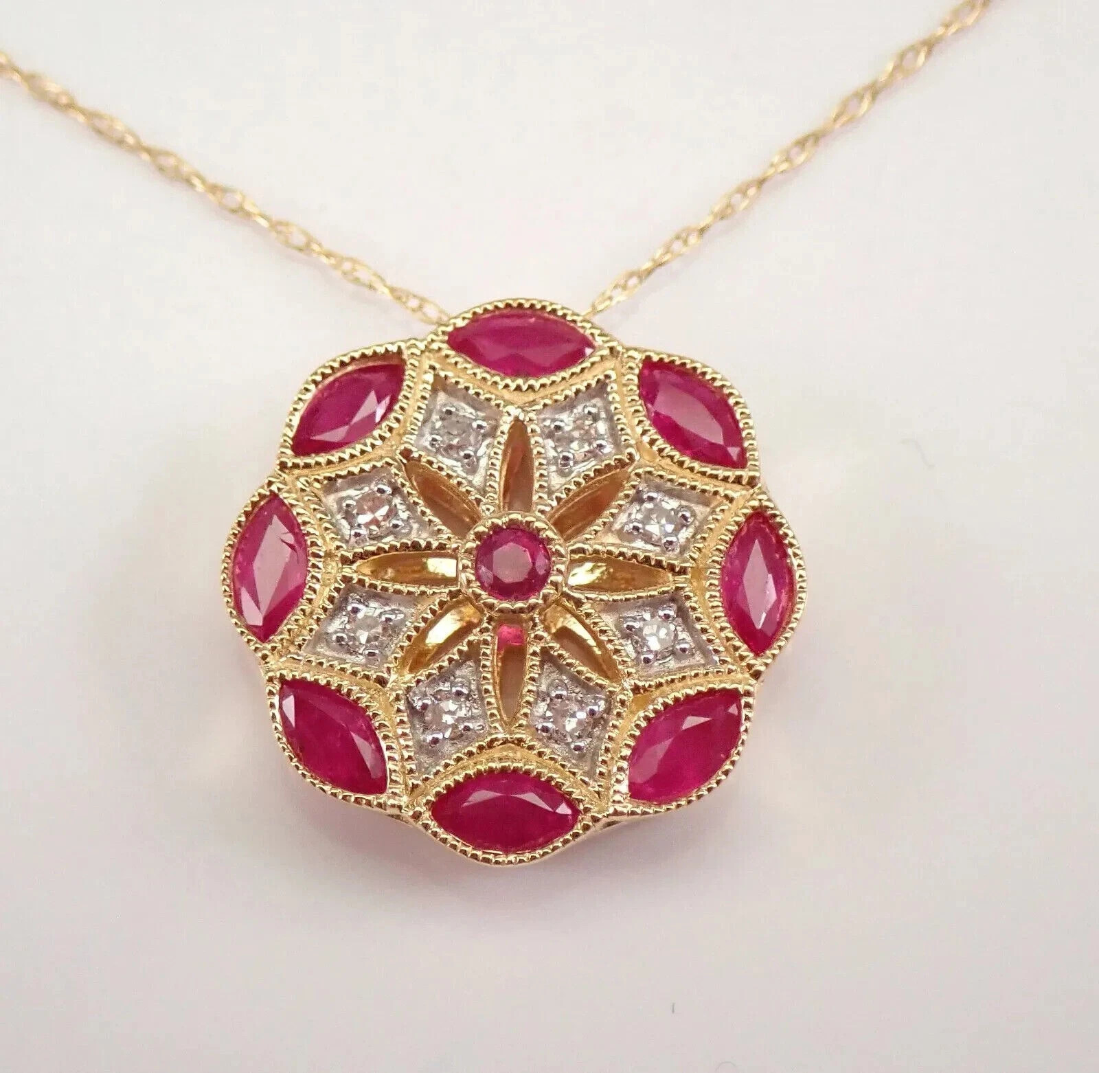 3Ct Marquise Cut Red Ruby Flower Halo Pendant 14K Yellow Gold Finish Free Chain