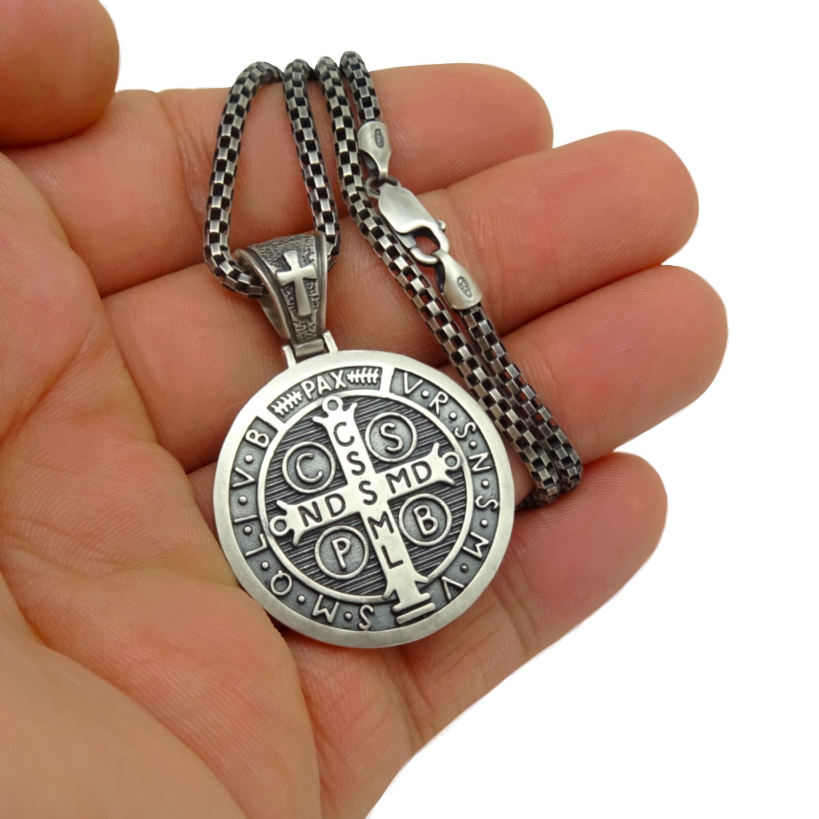 Saint Benedict Men’s Woman’s Silver 925 Pendant Medal Cross Exorcism with Chain