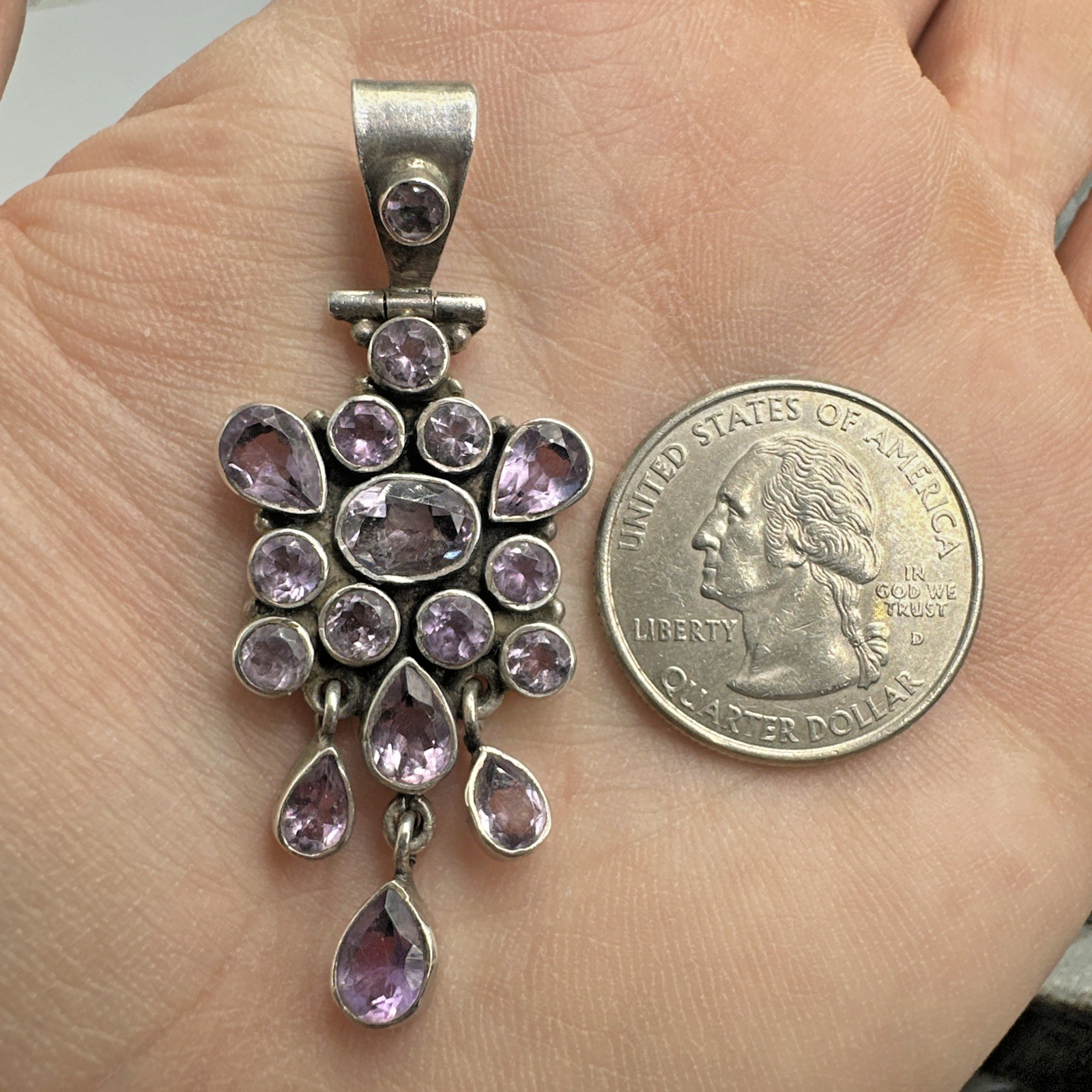 Vintage Amethyst Handmade Sterling Silver Cluster Pendant on 18″ 925 Necklace