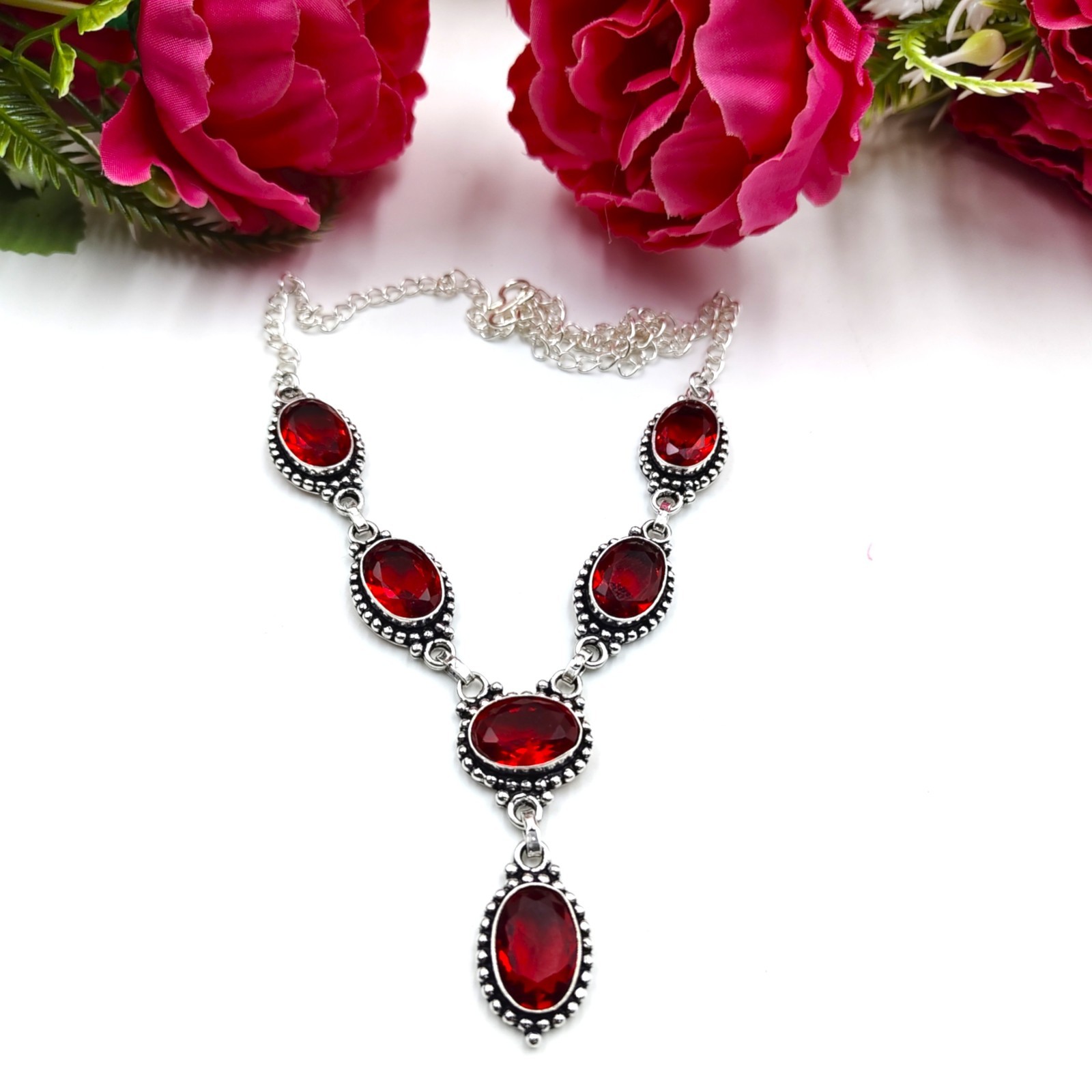 Red Garnet Gemstone Handmade 925 Sterling Silver Jewelry Necklace Size-17-18″