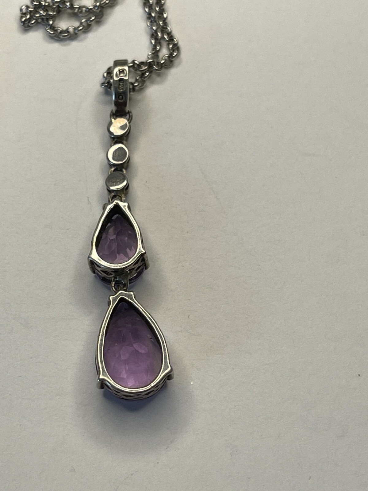 Two Pear Shaped Amethysts and Marcasite Sterling Silver Pendant Necklace 5 Grams