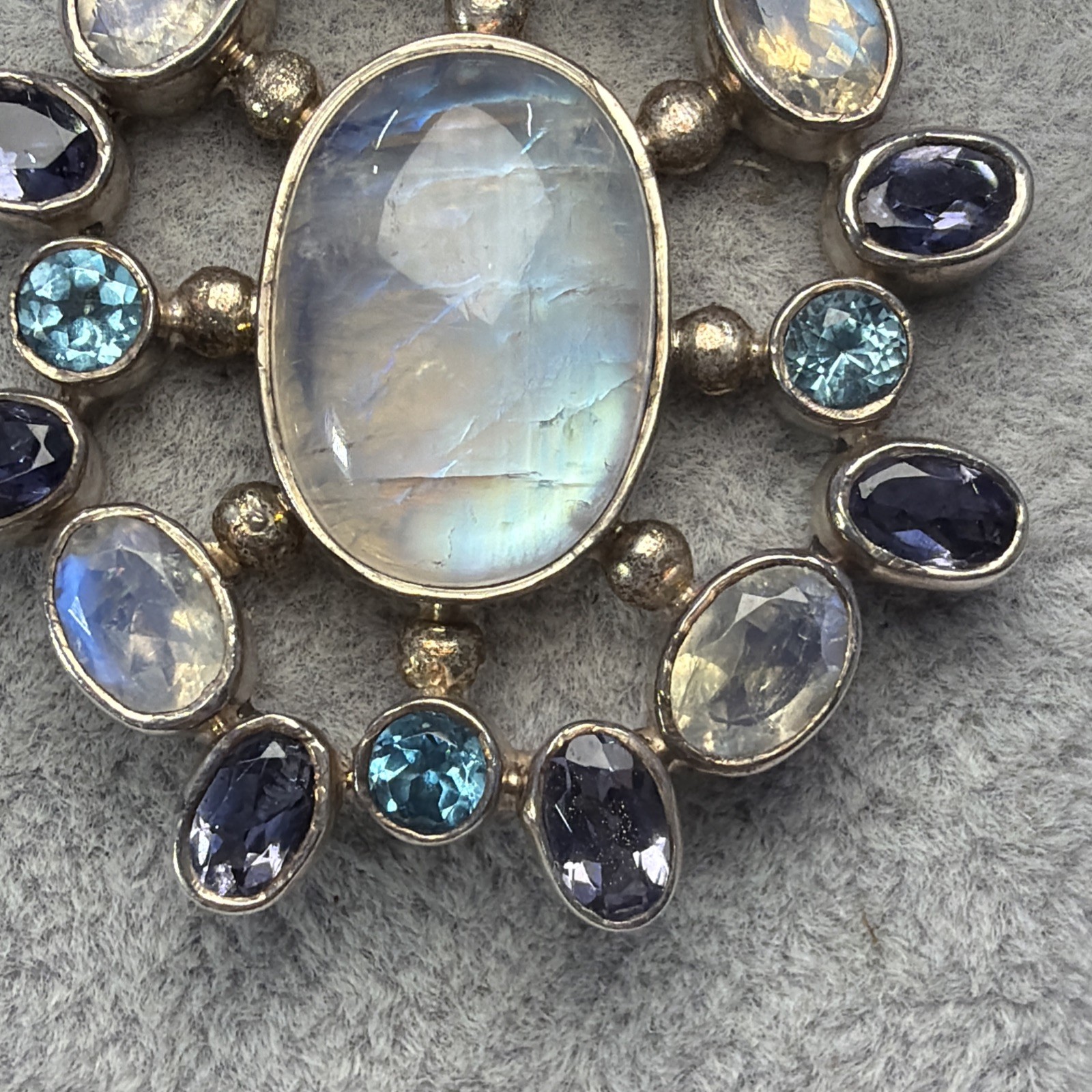 Sterling Silver SJ 925 Moonstone Amethyst Topaz Multi Gem Large Pendant Unique
