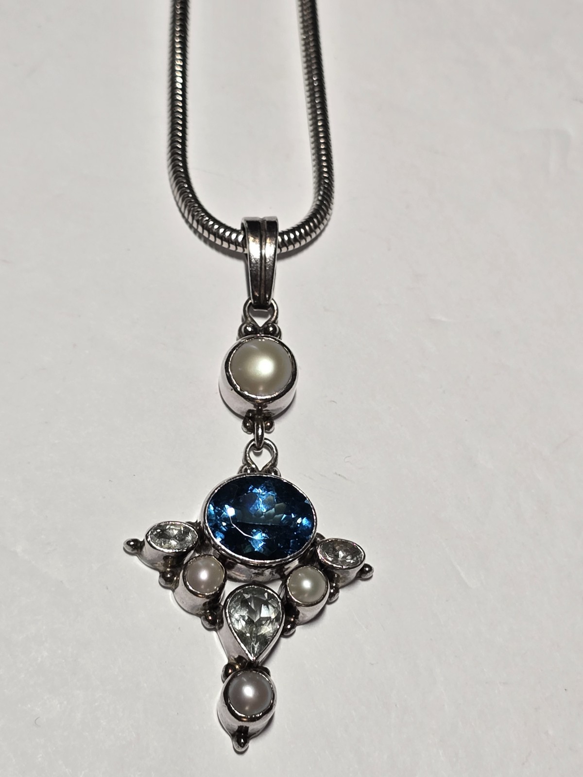 925 Sterling Silver Snake Chain Blue Stone Pearl Pendant 16″ Long