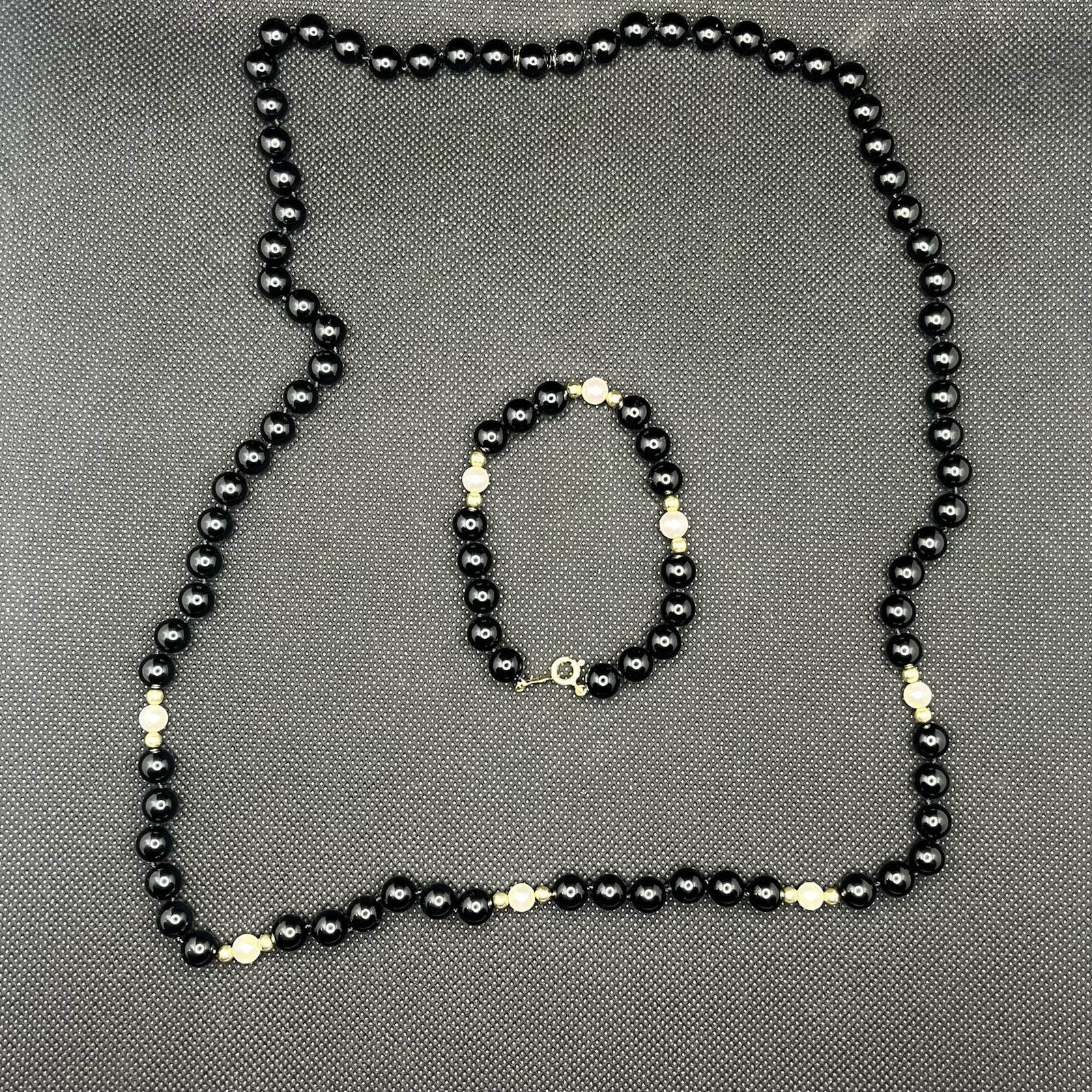 Vtg Imperial Pearl Syndicate 14K Gold Onyx Pearl 30″ Continuous Necklace Set