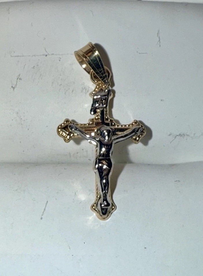 ESTATE Solid 14K Gold Two-Tone Crucifix Cross Miniature Pendant