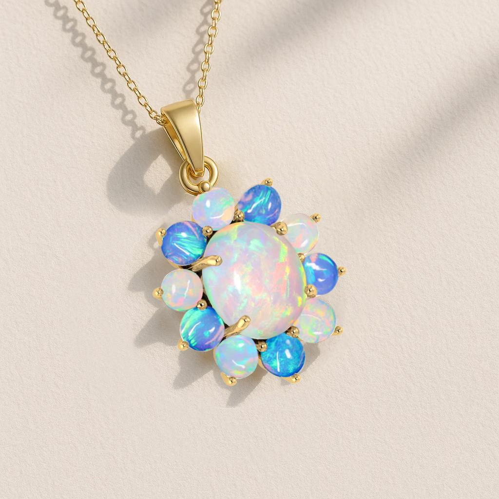 Natural White and Blue Opal Gemstone Pendant Necklace, Multifire Opal Gemstone