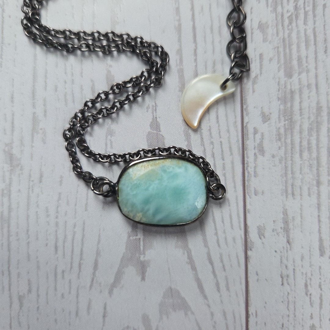 Larimar Blue Stone Necklace Crescent Moon Charm Boho Beach Jewelry