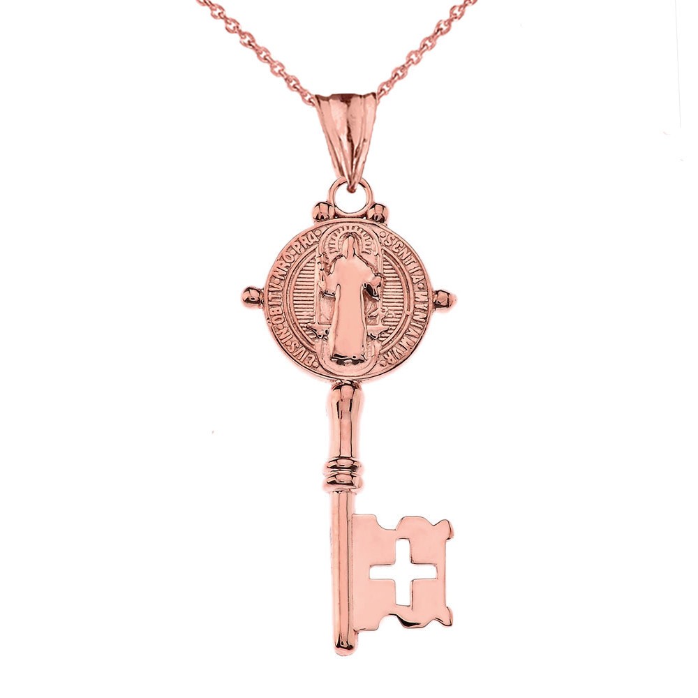 Gold Saint Benedict Double Sided Cross Key Pendant Necklace