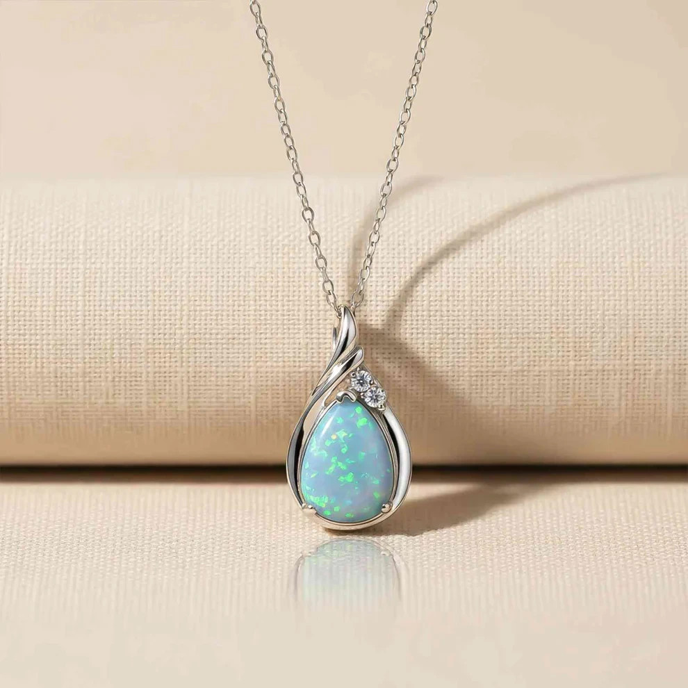 Lab Created Opal and moissanite Necklace 925 Silver Pendant With Chain Necklace
