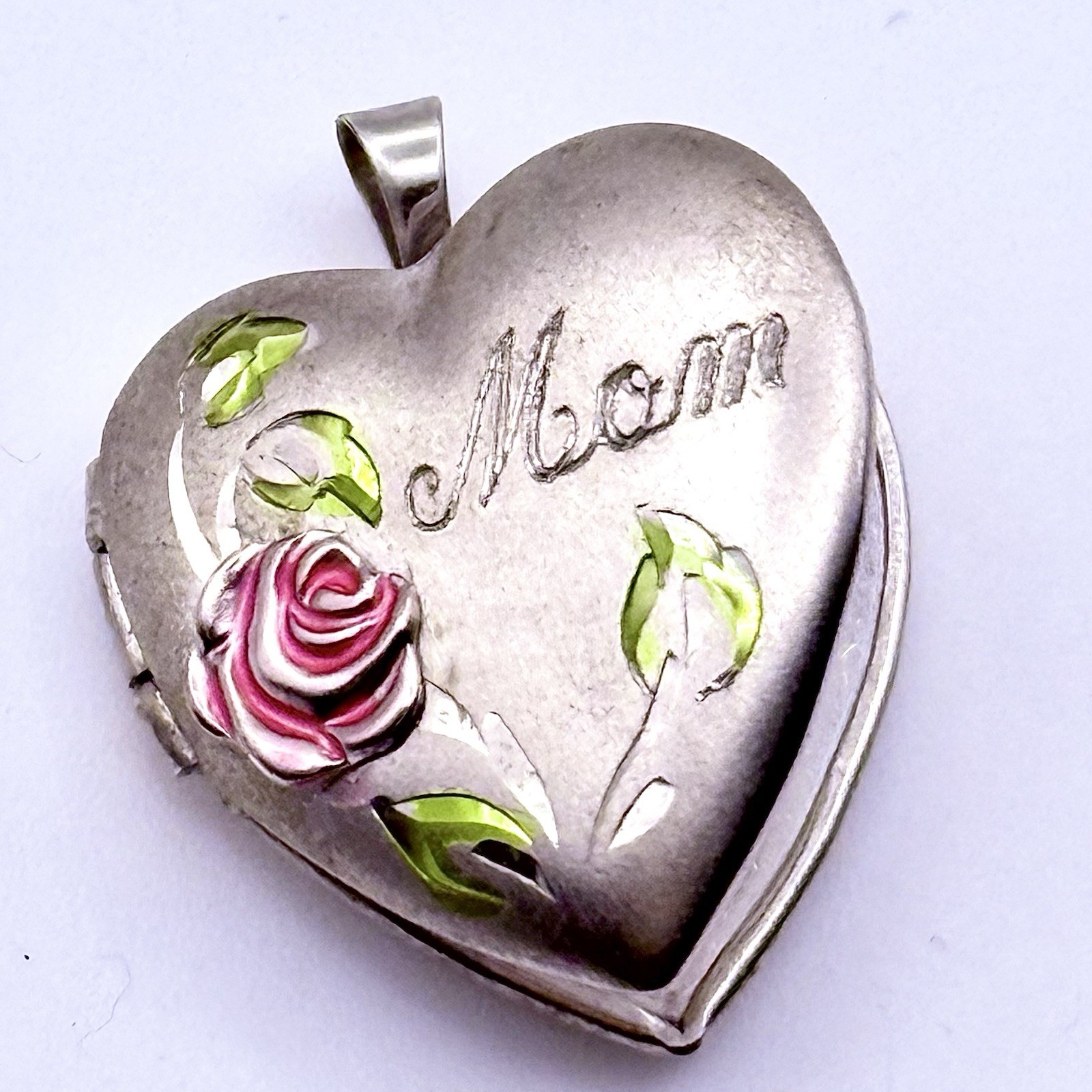 Sterling Silver Heart LOCKET Pink Enamel Rose “Mom” Inscription Mothers Day Gift