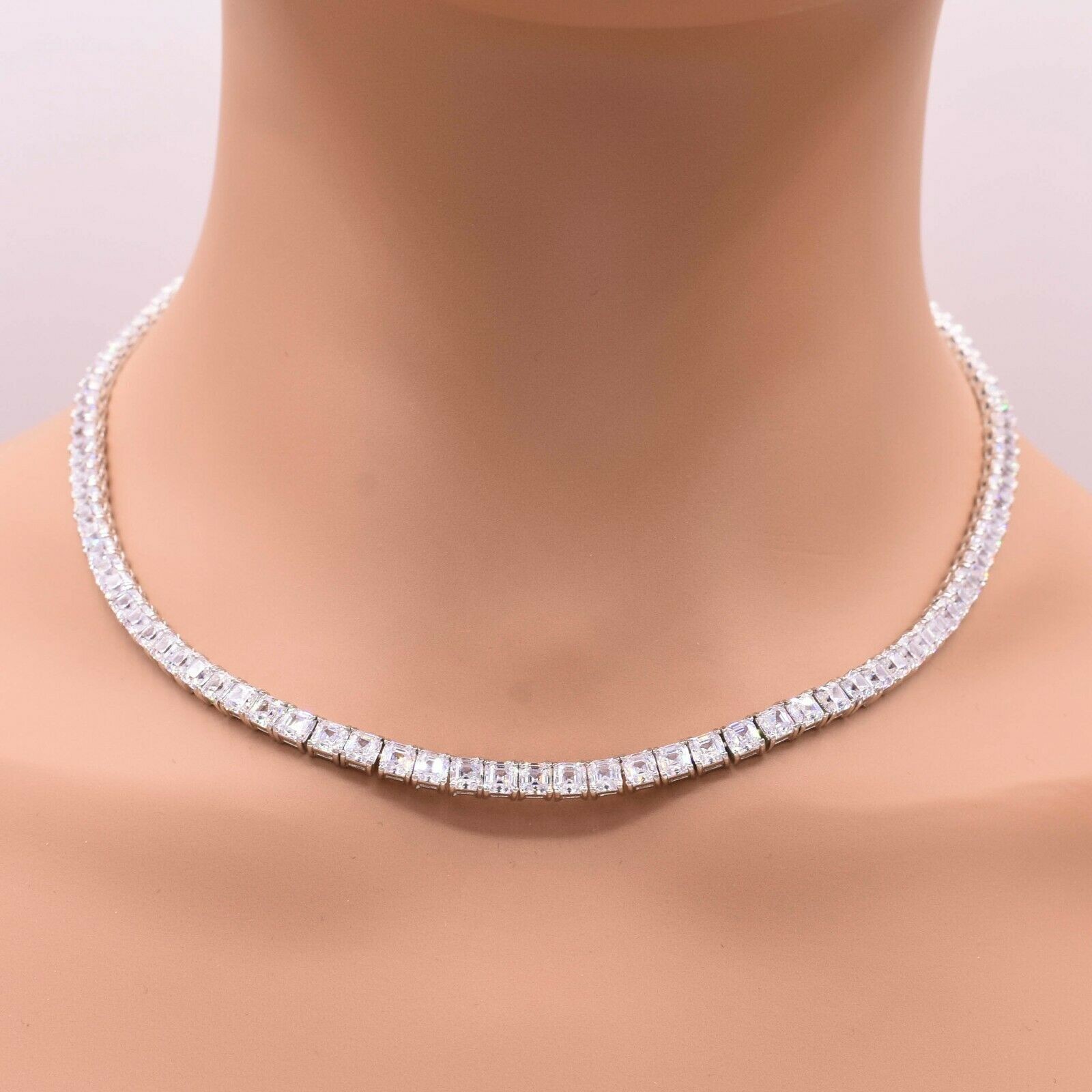 4mm Princess Cut Tennis Chain Necklace 14K White Gold-Plated Sterling Silver 925
