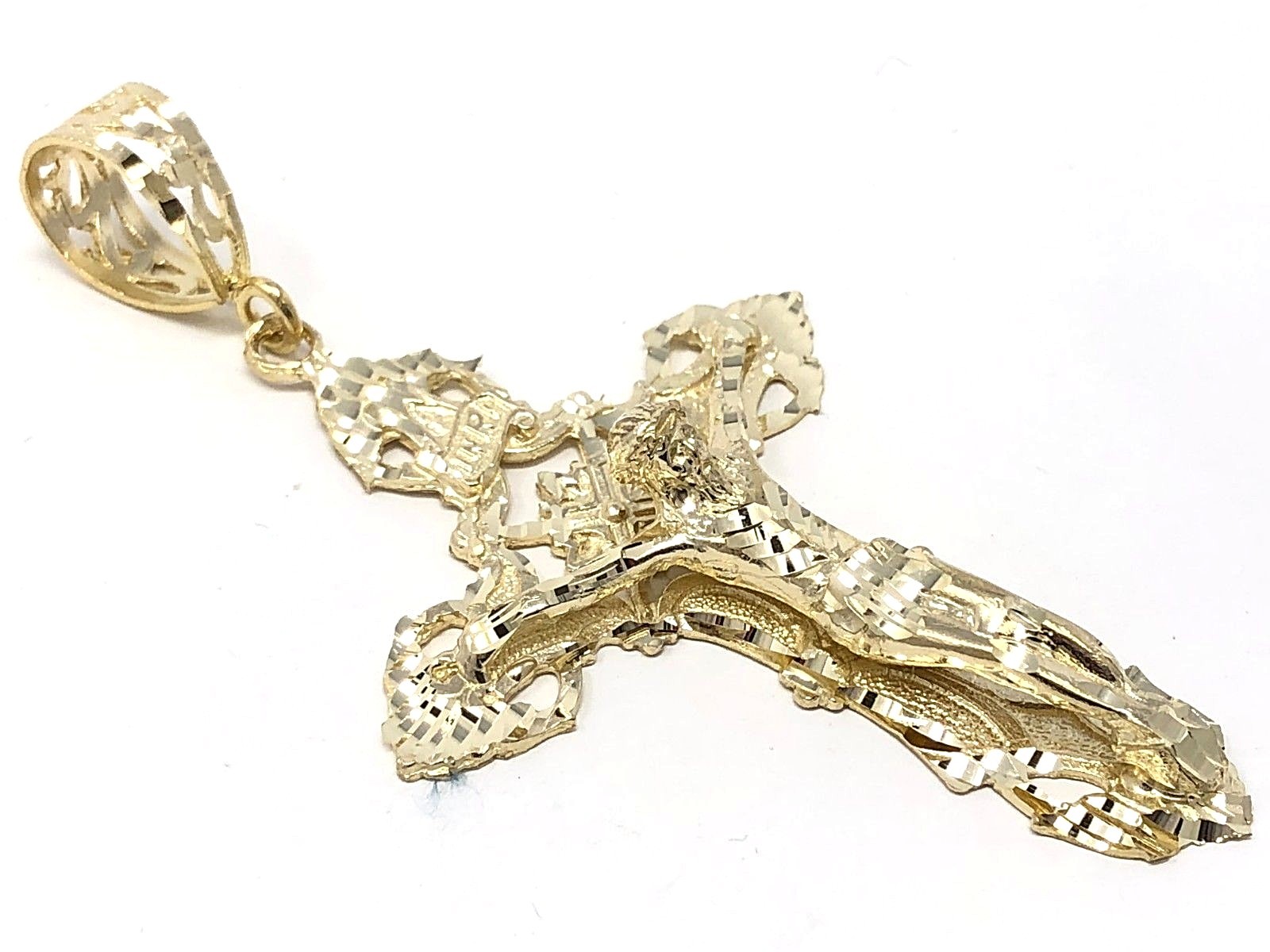 14k Yellow Gold Religious INRI Jesus Christ 3D Big Cross Pendant 3.36″ 16.4grams