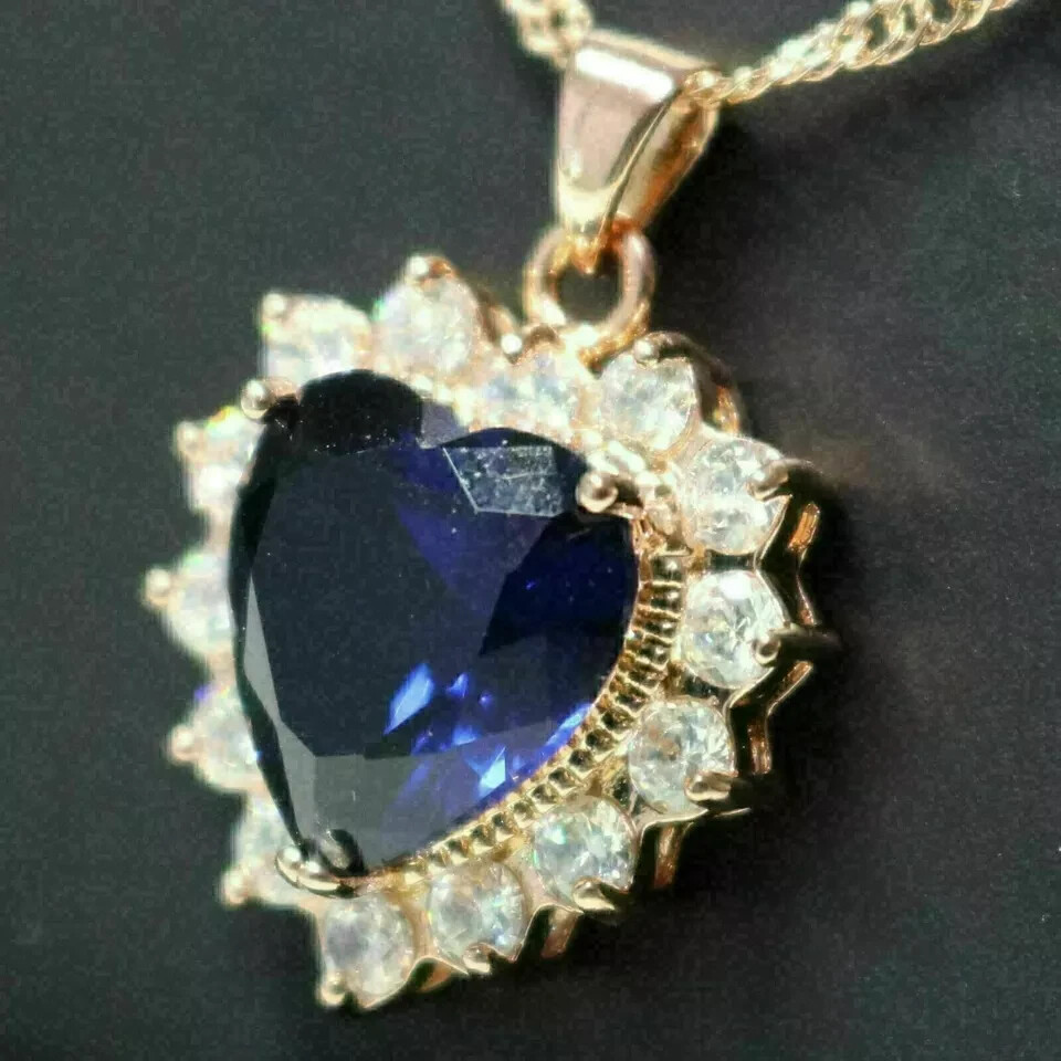 3Ct Heart Cut Sapphire Diamond Halo Pendant 14K Yellow Gold Finish 18″ Chain
