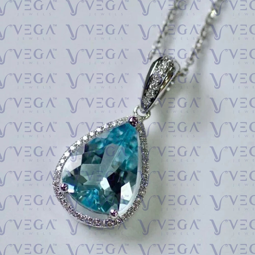 5.14ct Pear Cut Natural Aquamarine Gemstones Diamond Pendant Real 14K White Gold
